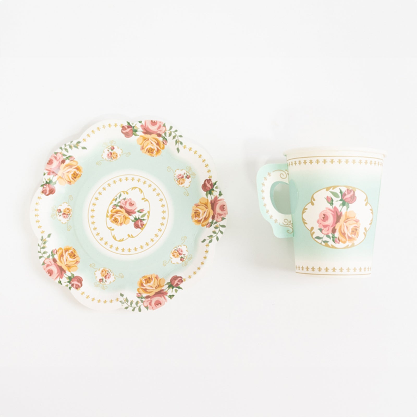 Set of 25 Paper Cups and Saucers in Turquoise with Rose Floral Print - Vintage Inspired Disposable Tea Party Decorations