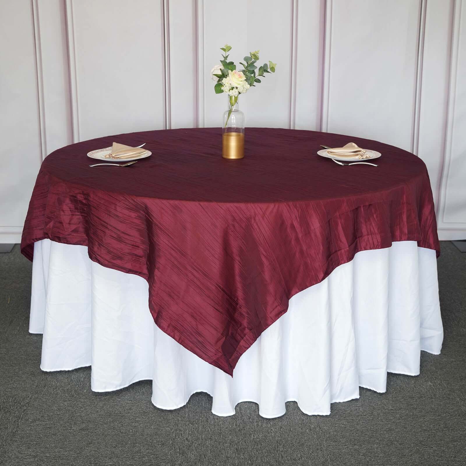 Taffeta 90x90 Table Overlay Square Tablecloth Burgundy - Accordion Crinkle Table Cover