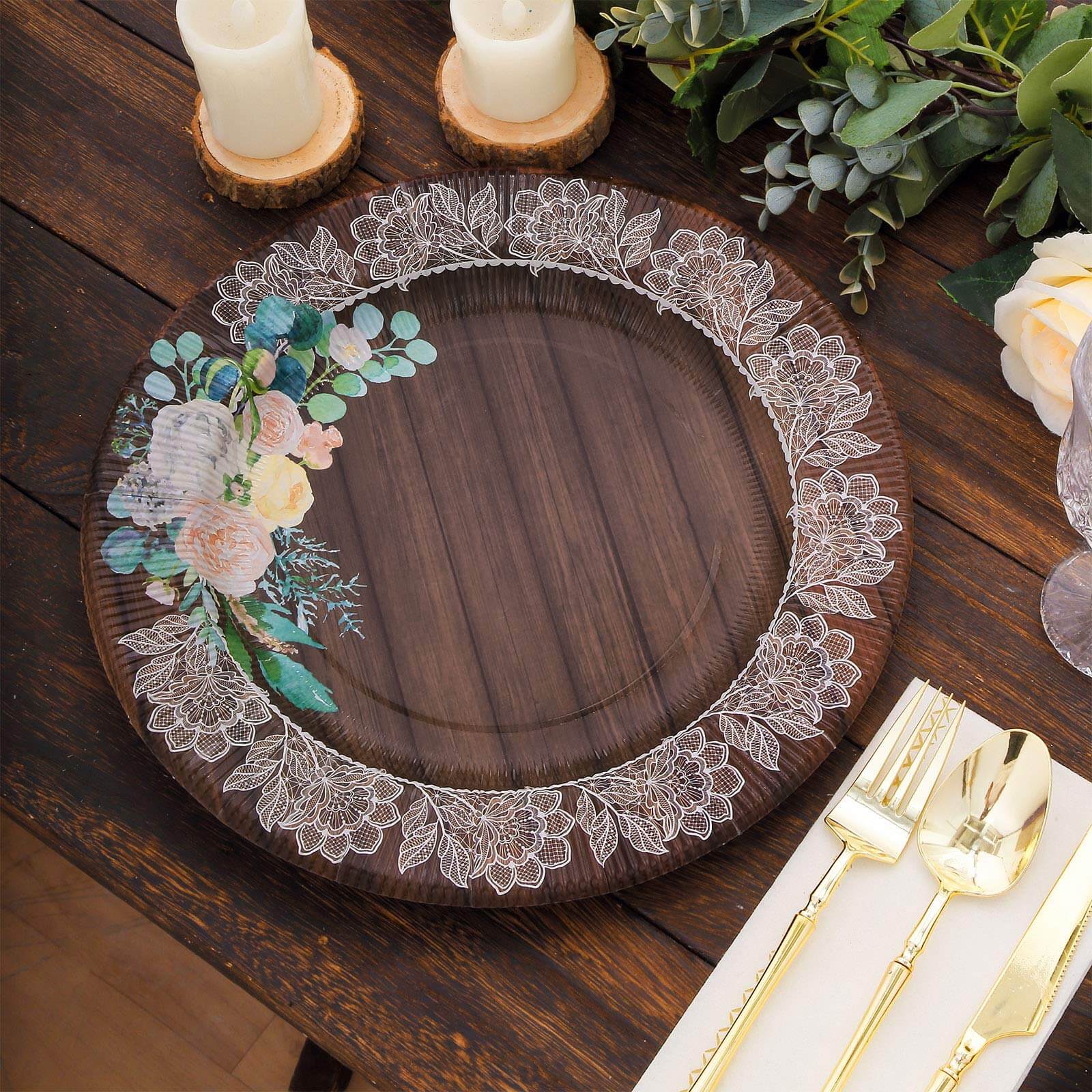 25-Pack Paper 10 Round Dinner Plates in Brown Wood Print with Floral Lace Rim - Disposable Party Plates for Farmhouse Weddings & Rustic Themes