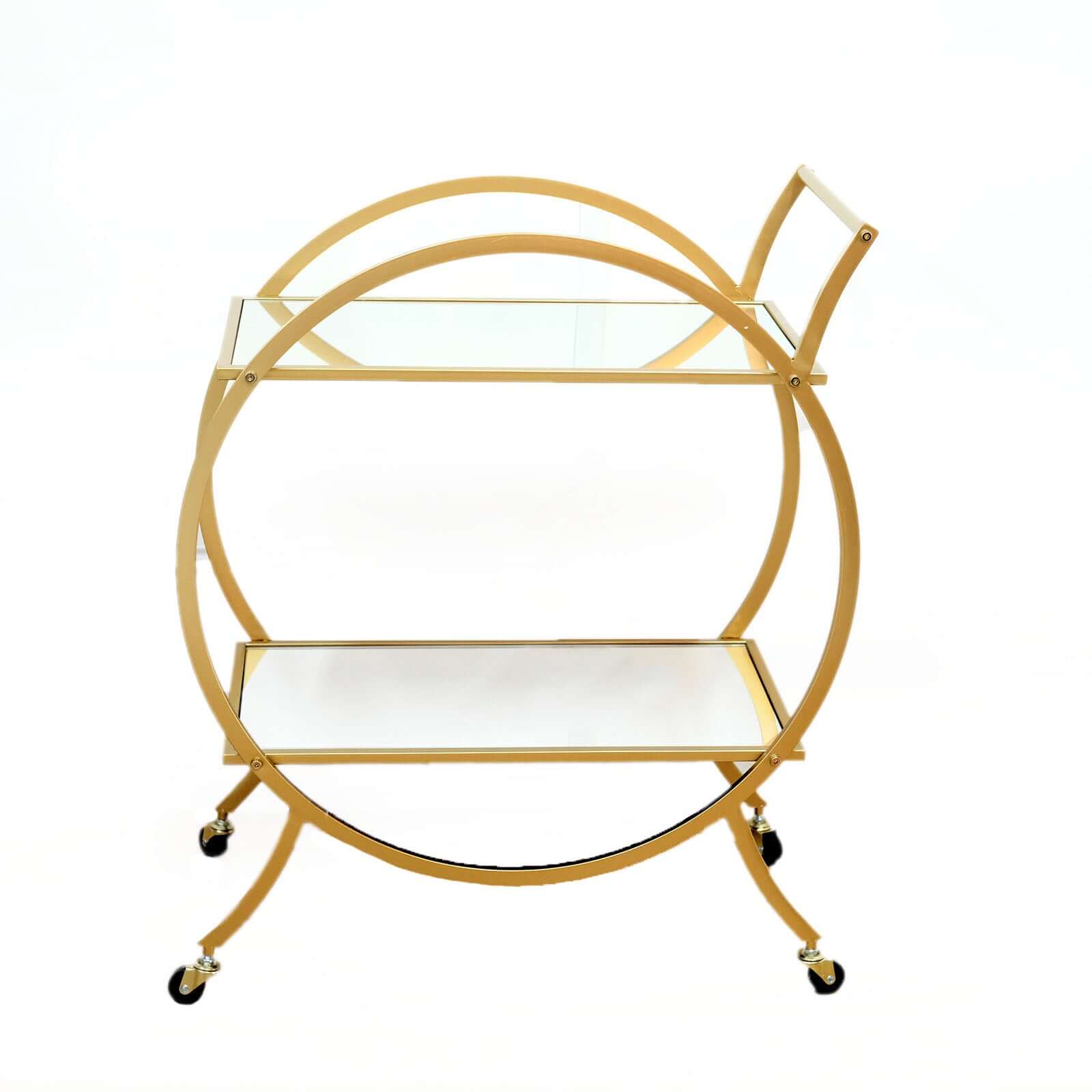 Gold Metal Bar Cart with Mirror Serving Tray 2-Tier - Round Teacart Island Trolley for Events 2.5ft