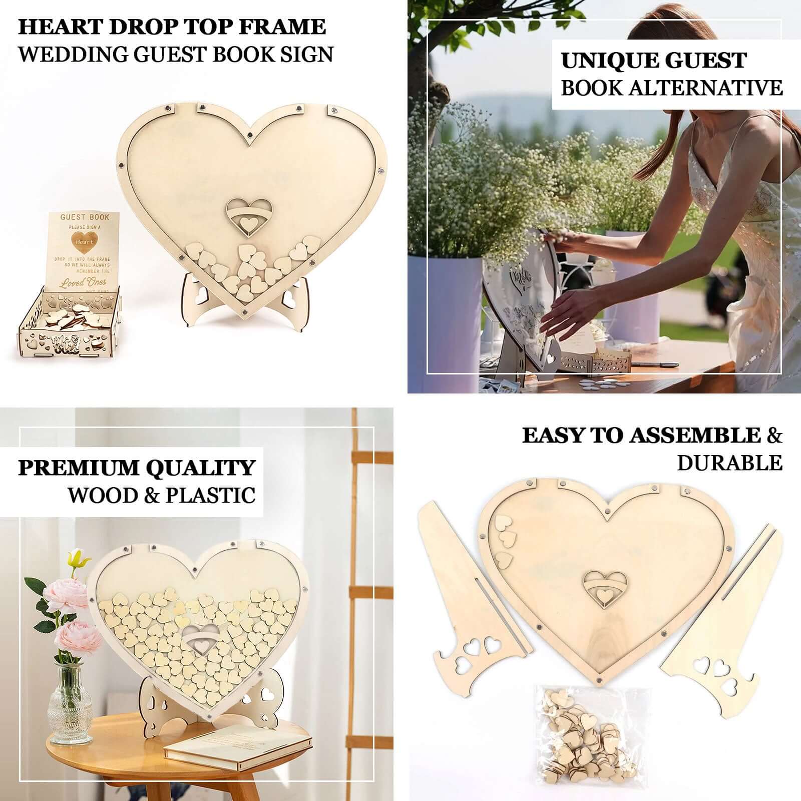 13 Wooden Heart Drop Top Frame Wedding Guest Book Alternative, Rustic Sign Display Stand