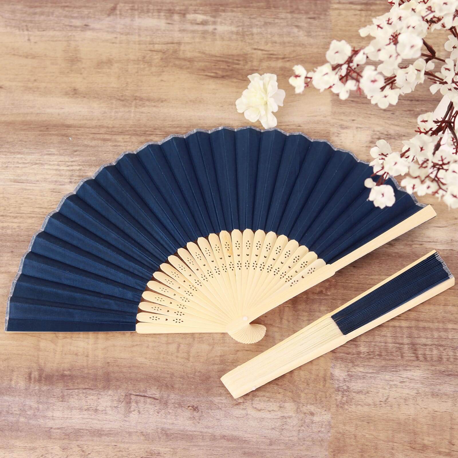 5 Pack Navy Blue Asian Silk Folding Fans Party Favors, Oriental Folding Fan Favors