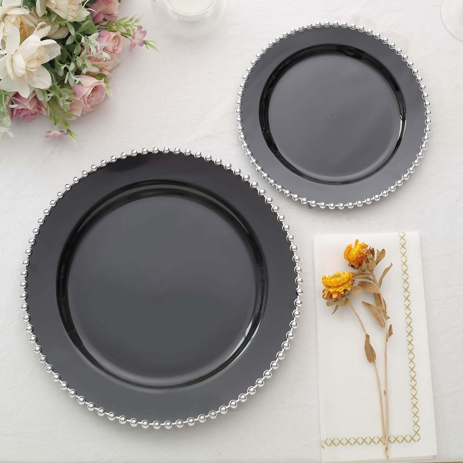 10-Pack Plastic 10 Round Dinner Plates in Black with Silver Beaded Rim - Disposable Party Plates