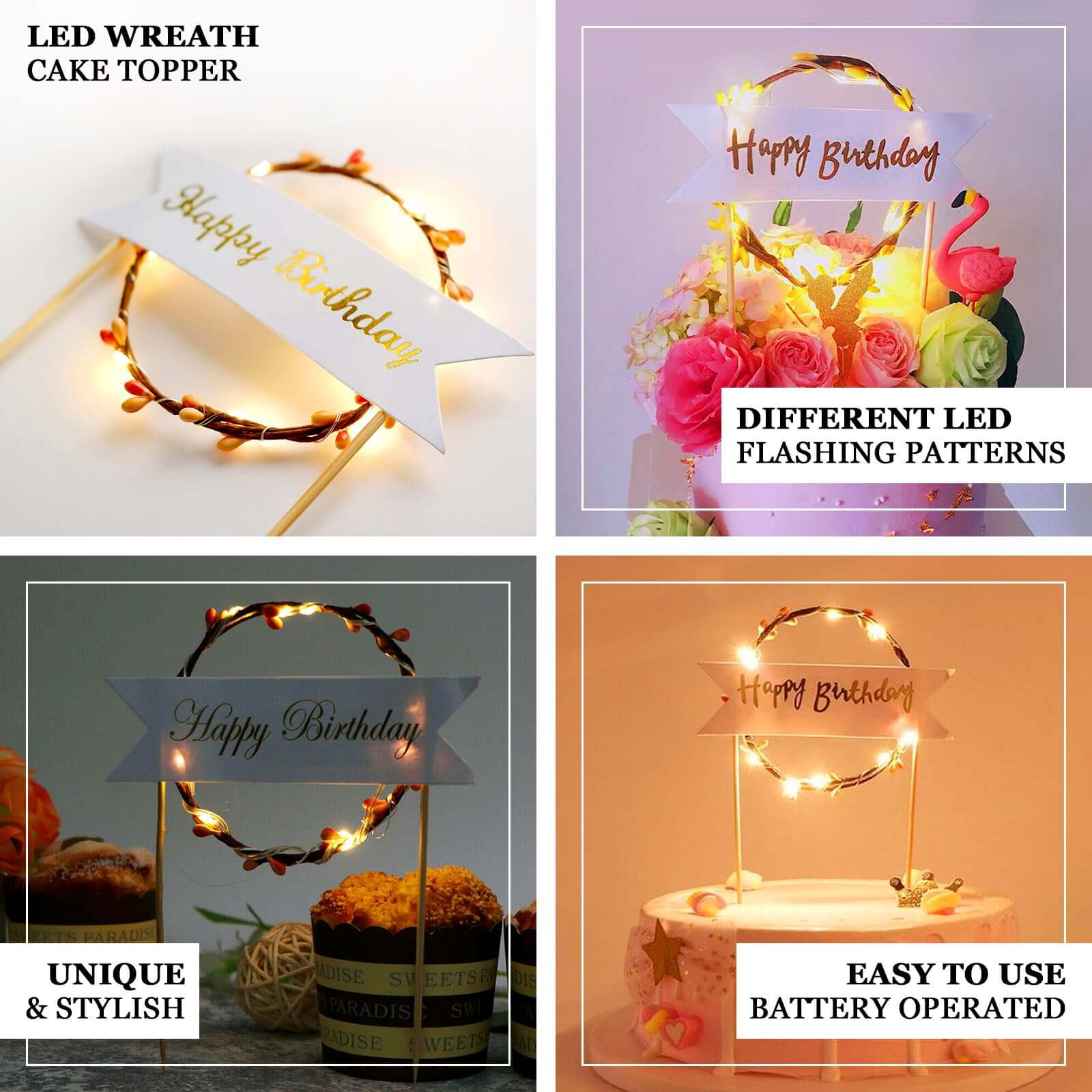 Light Up Happy Birthday Cake Topper Warm White LED - Luminous Blinking Mini Wreath Cake Decoration for Glamorous Birthday Parties & Events