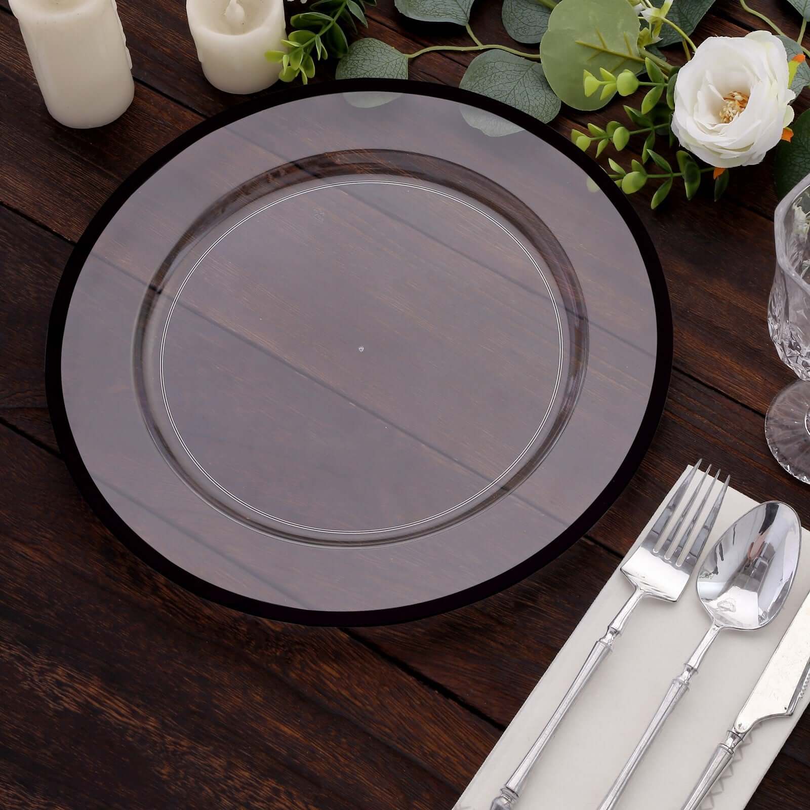 10-Pack Economy Plastic Round Charger Plates 12 in Clear with Wide Black Rim, Decorative Dinner Party Serving Plates