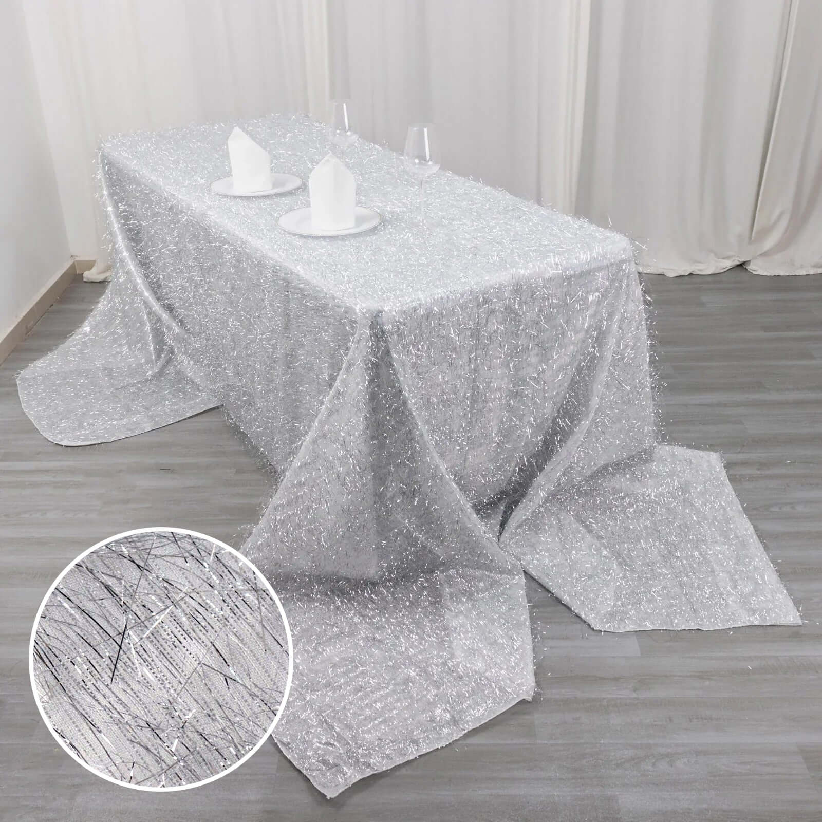 Polyester 90x156 Rectangle Tablecloth Silver Metallic Fringe Shag Tinsel Table Cover