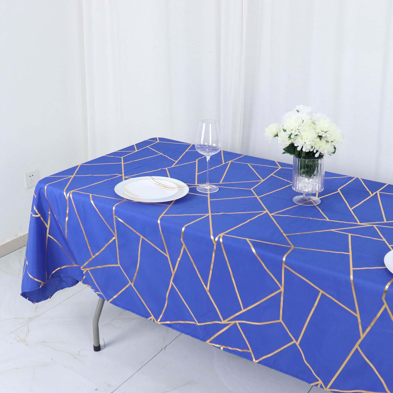 Polyester 60x102 Rectangle Tablecloth Royal Blue with Gold Foil Geometric Pattern - Wrinkle-Resistant & Durable Table Cover