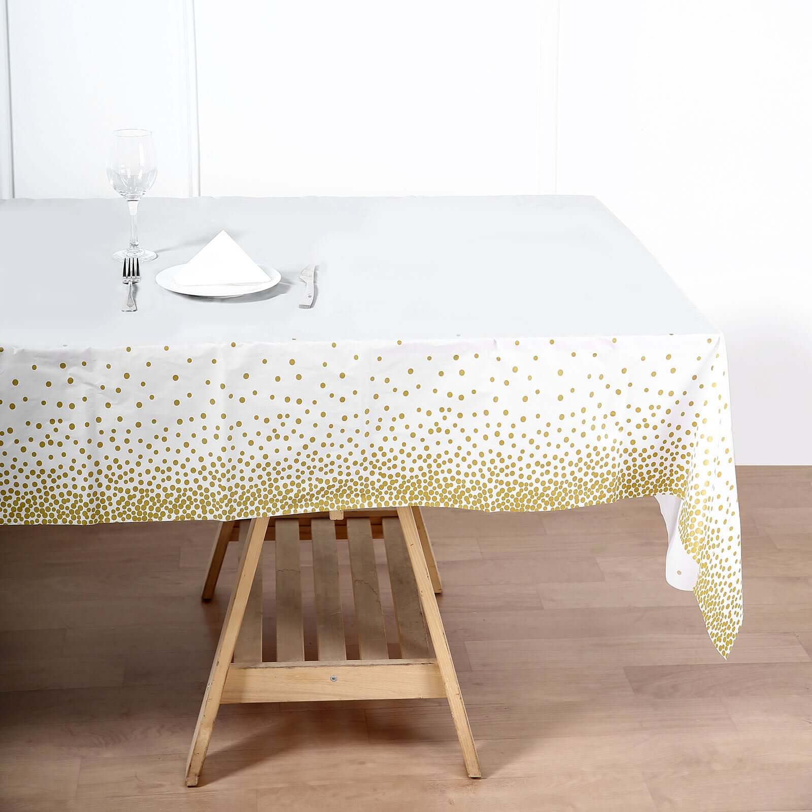 5-Pack Plastic Table Covers White Rectangle with Gold Confetti Dots - Durable PVC Disposable Tablecloths for Events 54x108