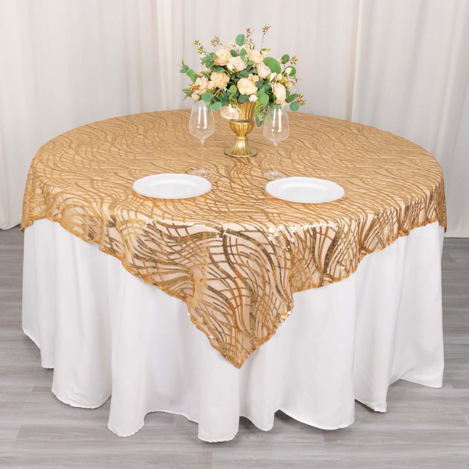 Mesh 72x72 Table Overlay Square Tablecloth Gold Wave Design with Embroidered Sequins for Stylish Occasions