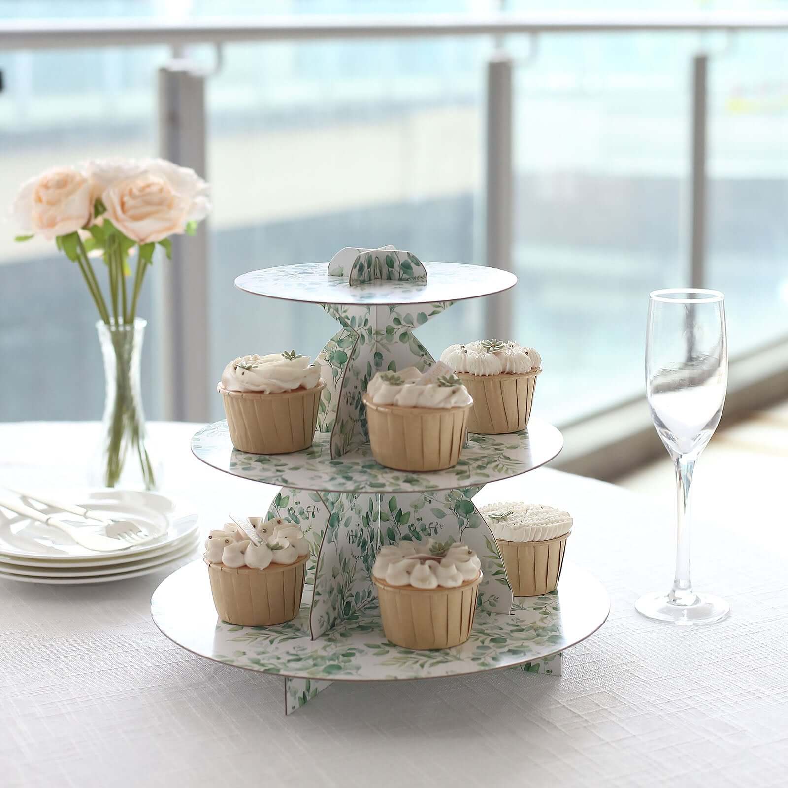 3-Tier Cardboard Cupcake Stand White with Green Eucalyptus Leaves Pattern - Reusable Dessert Display Stand Round Serving Platter for High-Tea Gatherings Weddings & Spring Celebrations 11