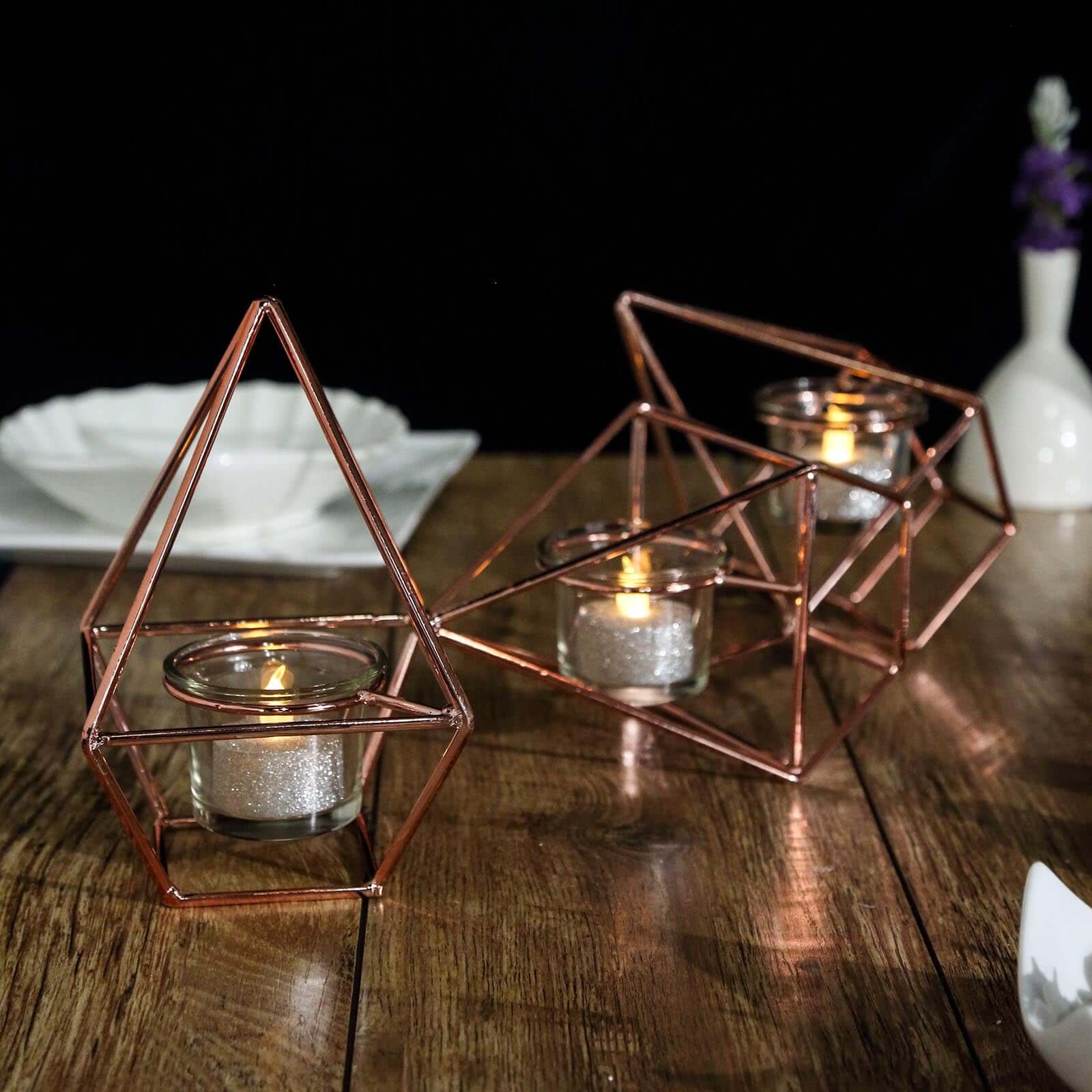 Set of Metal Candle Holders Linked Geometric Design Rose Gold - Modern Votive Glass Decor for Tables & Gatherings 16