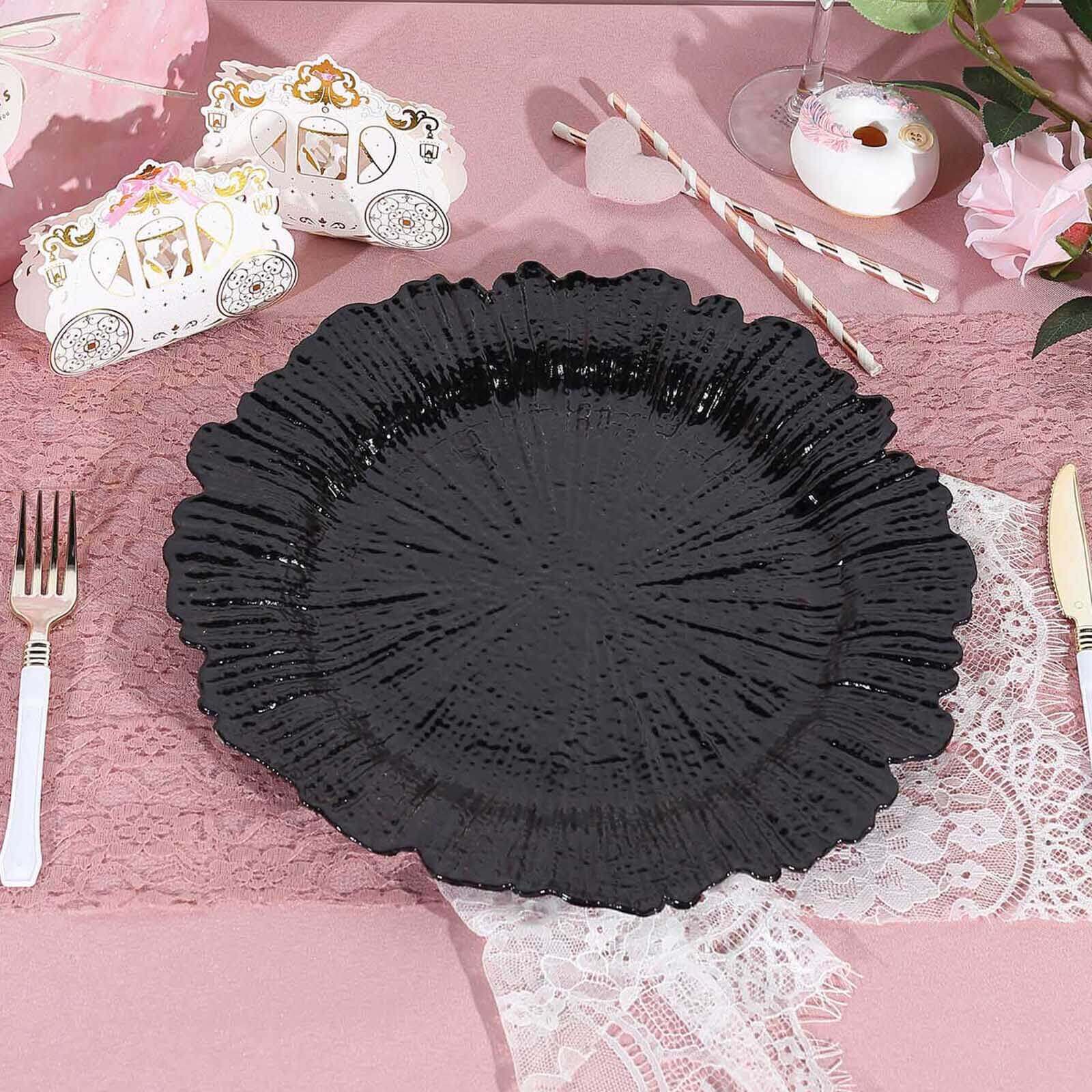6-Pack Acrylic Plastic Round Charger Plates 13 in Black with Reef Design, Dinner Charger Tableware