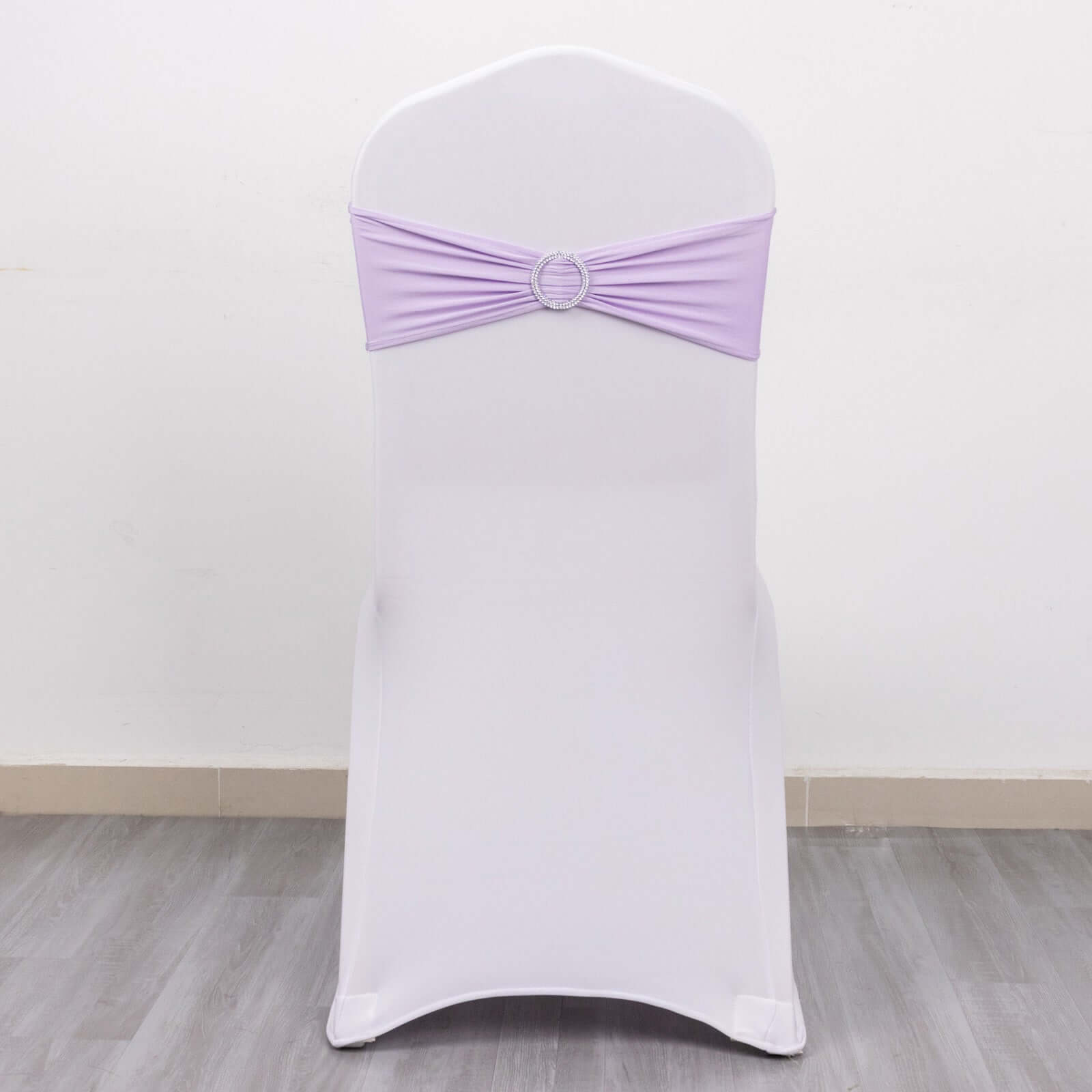 5 Pack Stretch Spandex Chair Sashes Lavender Lilac - Reusable Chair Bands with Silver Diamond Ring Slide Buckle 5x14