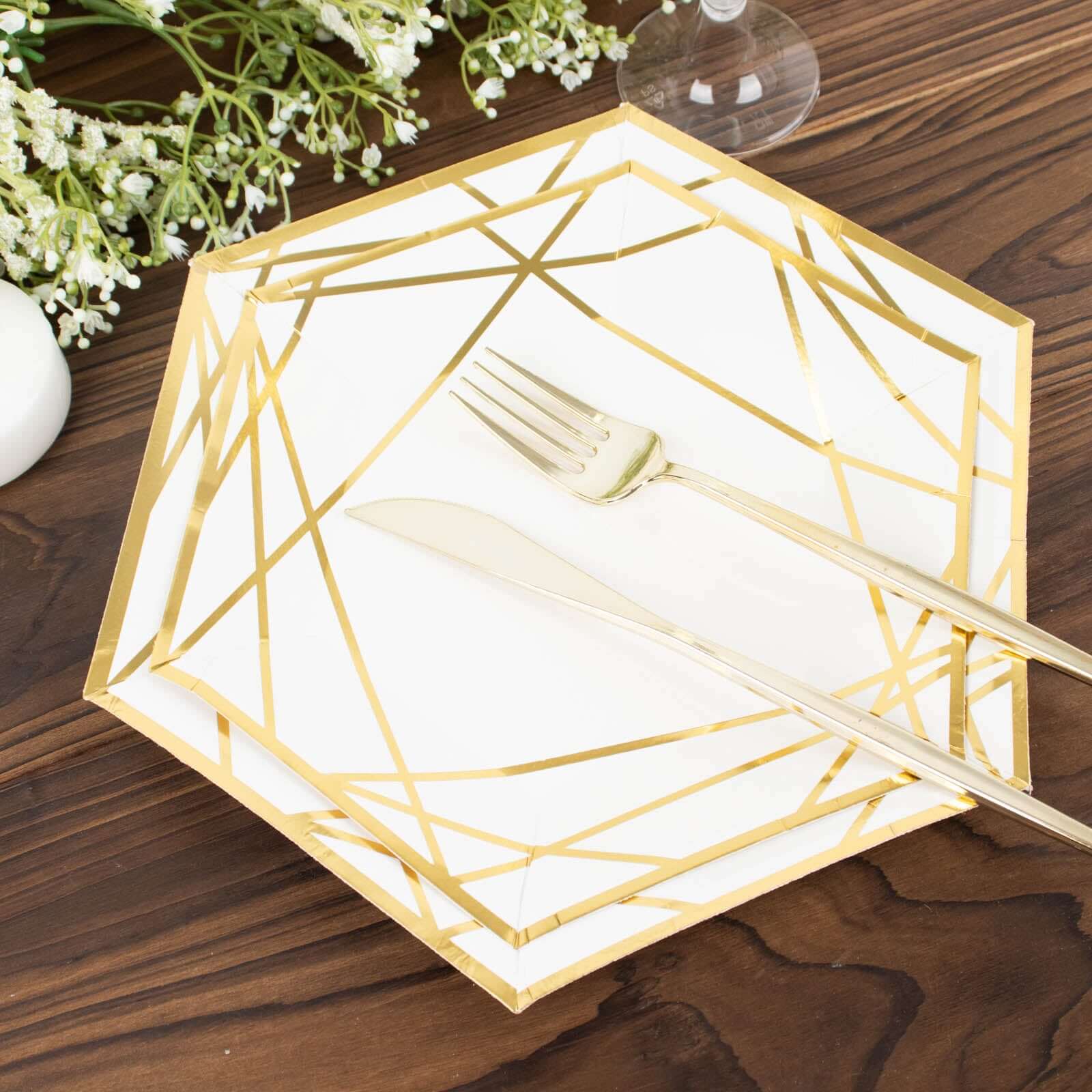 25-Pack Paper 7 Hexagon Dessert Plates in White with Gold Geometric Lines & Rim - Stylish Disposable Geometric 300GSM Appetizer Salad Plates for Events & Banquets