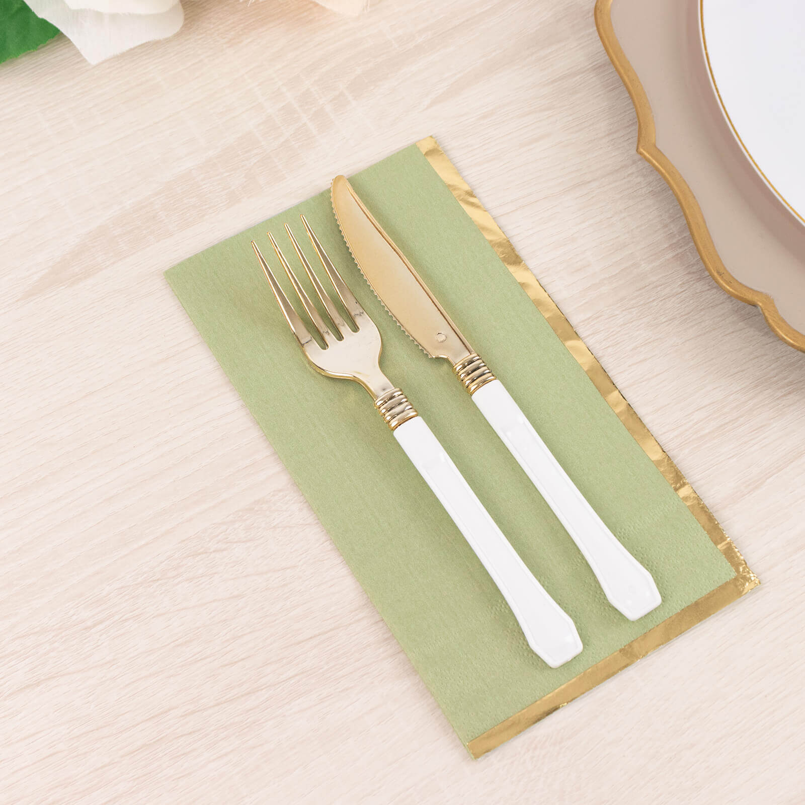 50-Pack Paper Dinner Napkins Sage Green with Gold Foil Edge 2 Ply - Stylish Disposable Napkins