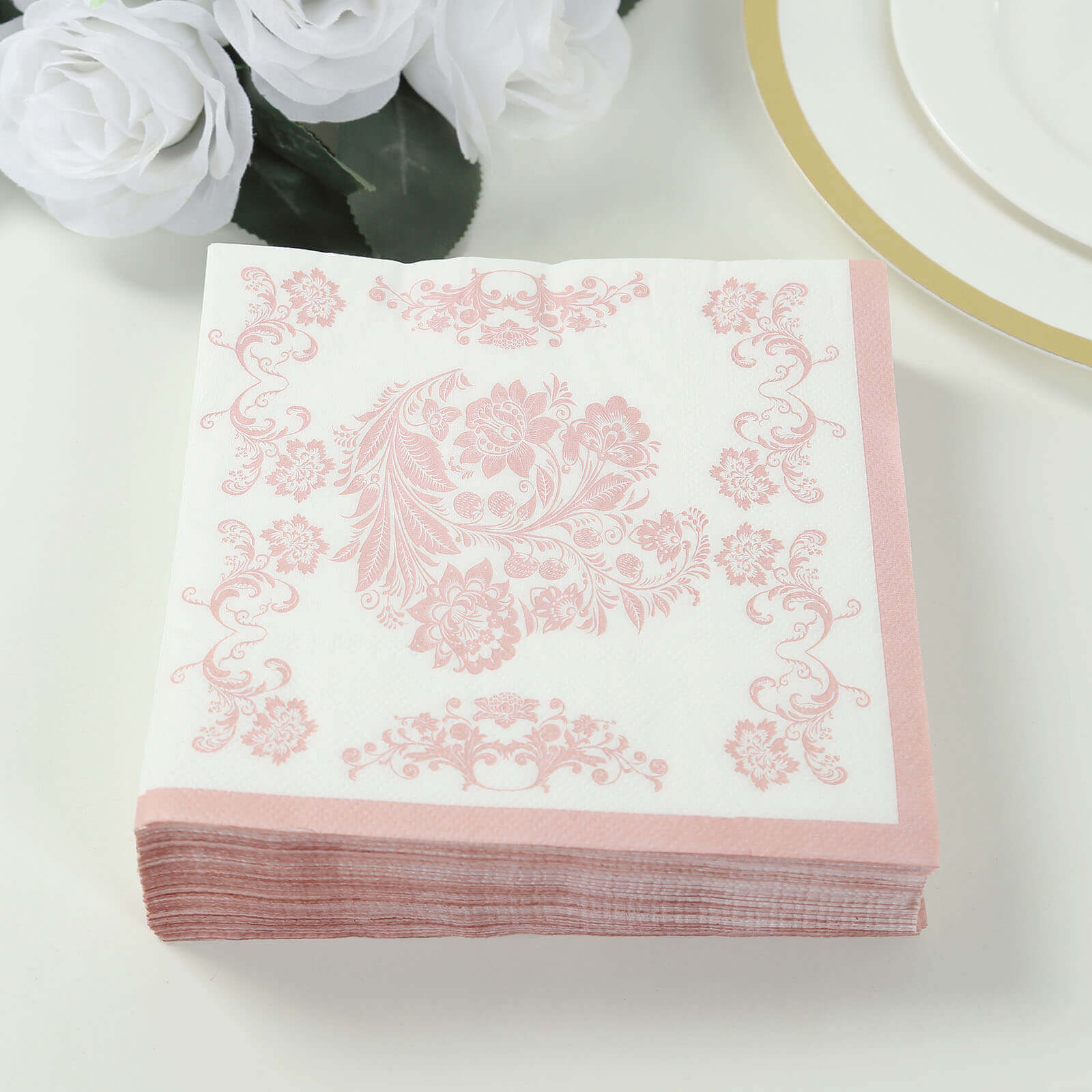 50-Pack Paper Cocktail Napkins with French Toile Floral Pattern White/Pink - Absorbent 2 Ply Disposable Napkins for Beverages