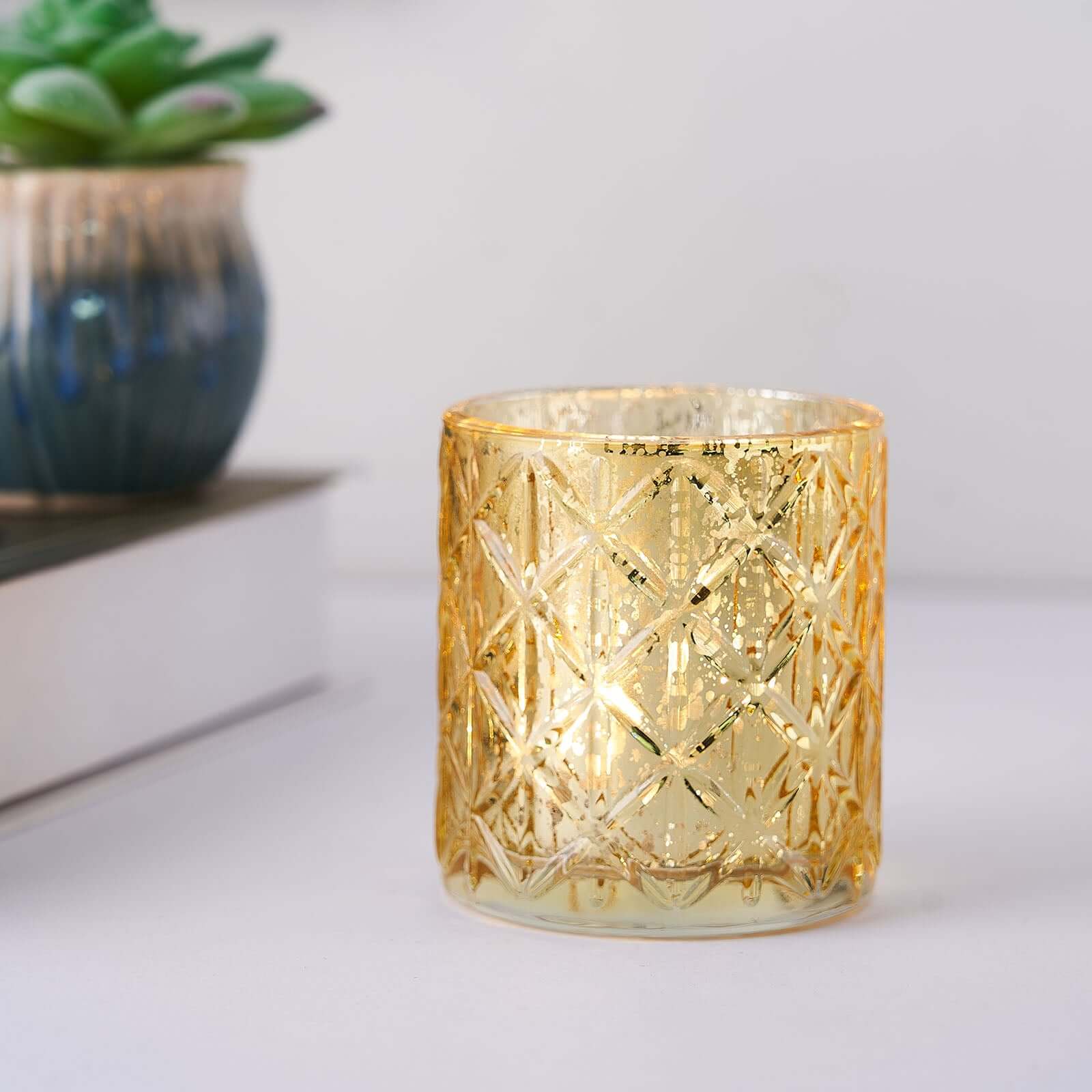 6-Pack Mercury Glass Candle Holders Shiny Gold with Geometric Design - Votive Tealight Holders 3