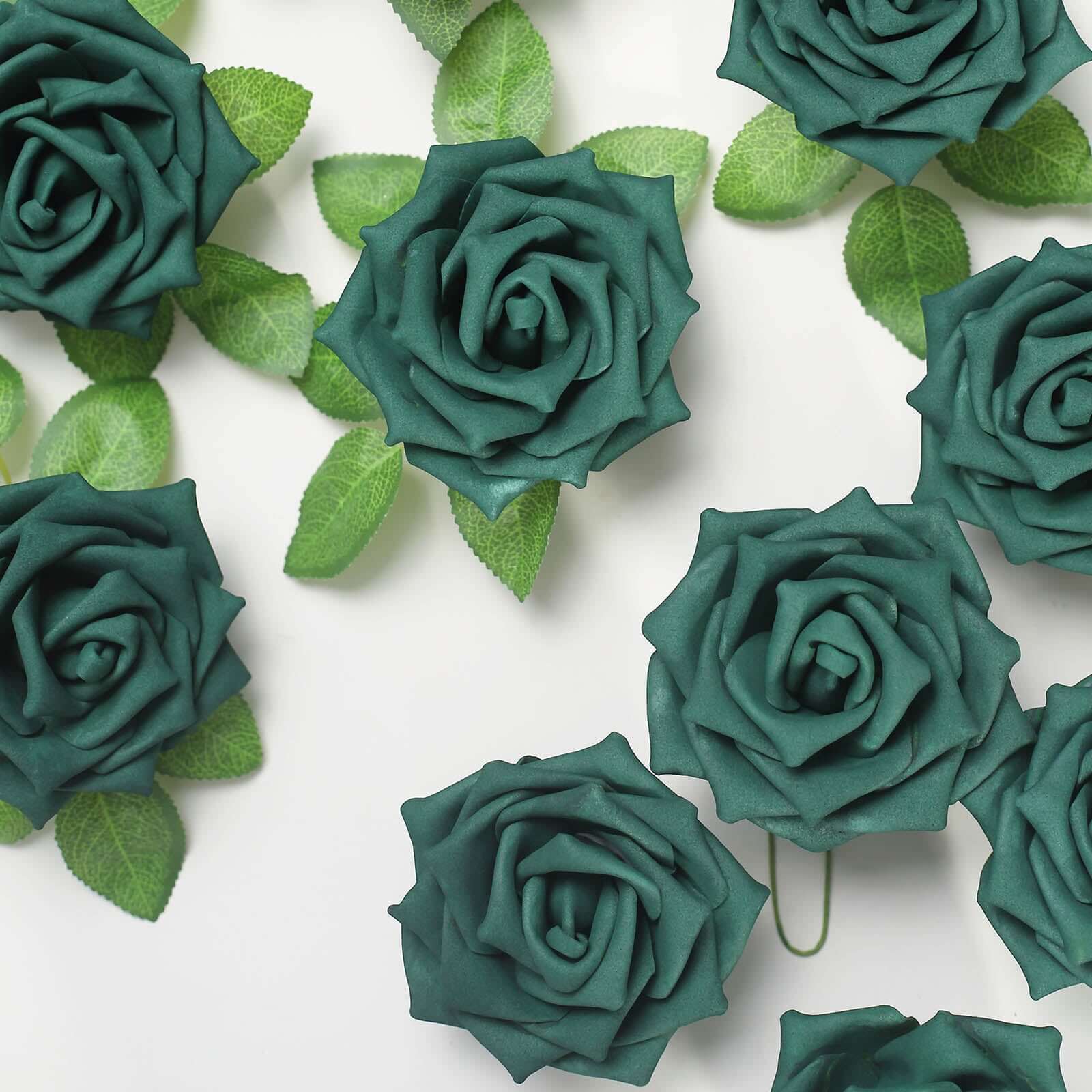 24 Roses 5 Hunter Emerald Green Artificial Foam Flowers With Stem Wire and Leaves