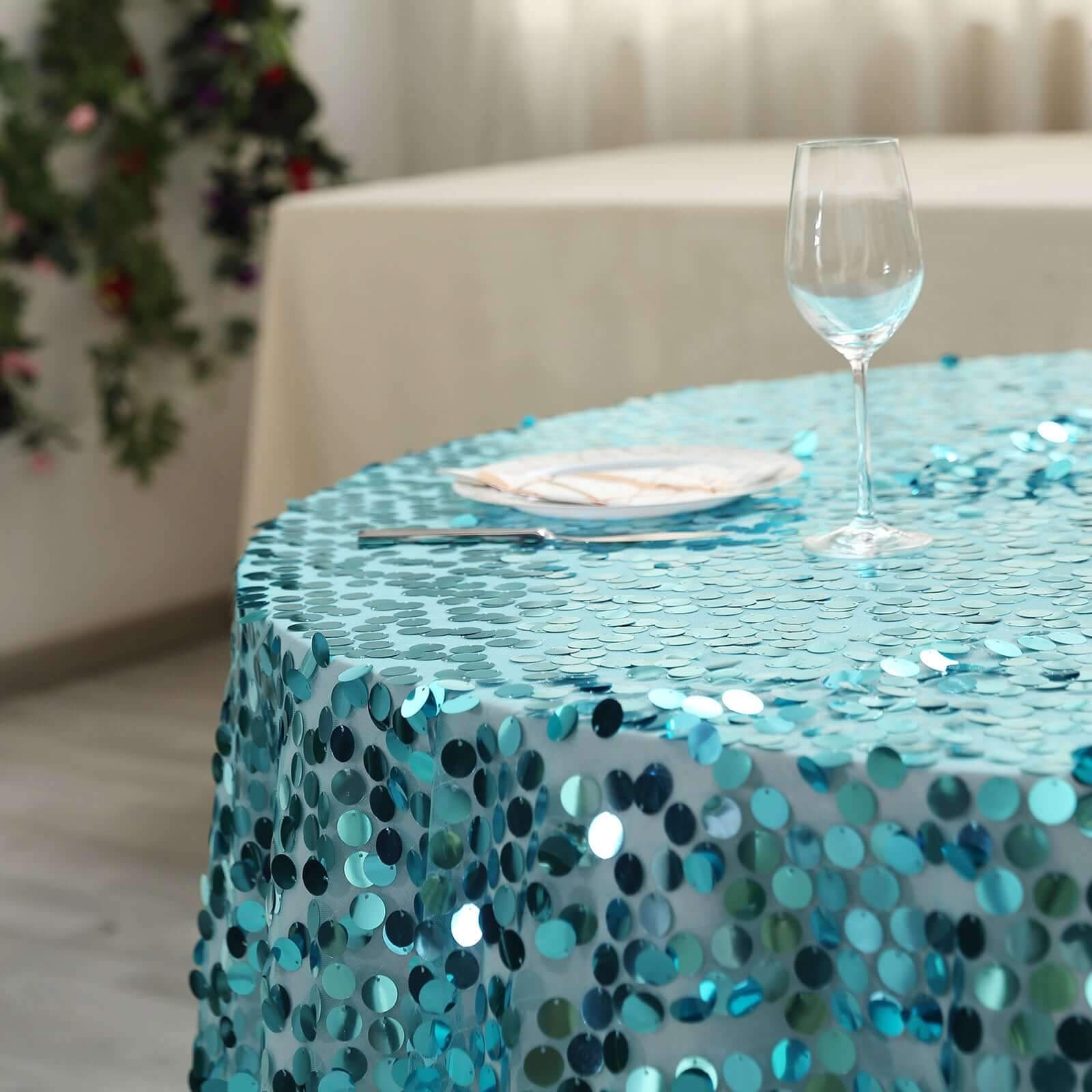 Sequin 72x72 Table Overlay Square Tablecloth Turquoise - Big Payette Table Cover