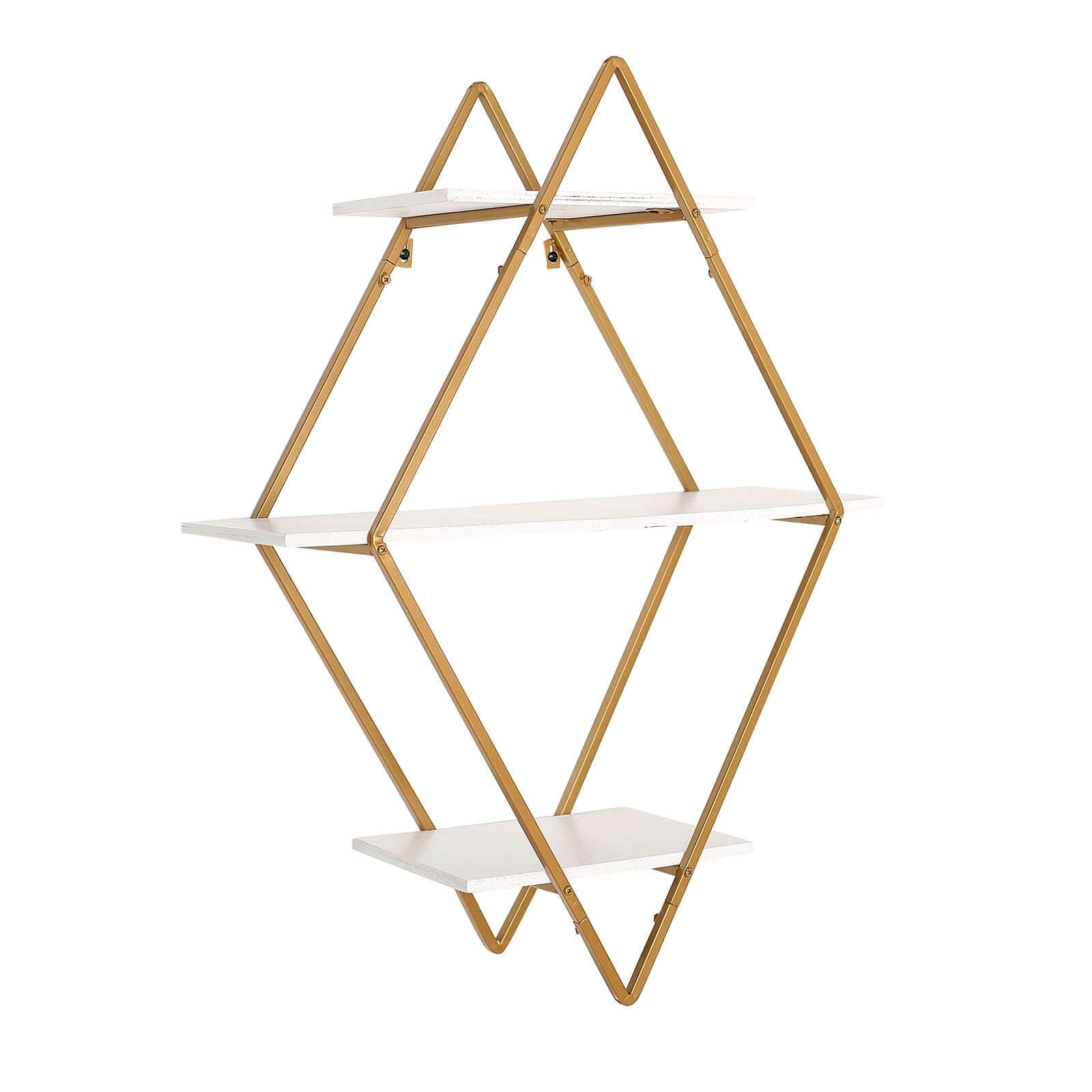 31 Geometric Diamond Shaped 3-Tier Gold Metal Dessert Cupcake Stand Rack, Wall Hanging Display Shelf Display, Book Shelf With White Wood Panels