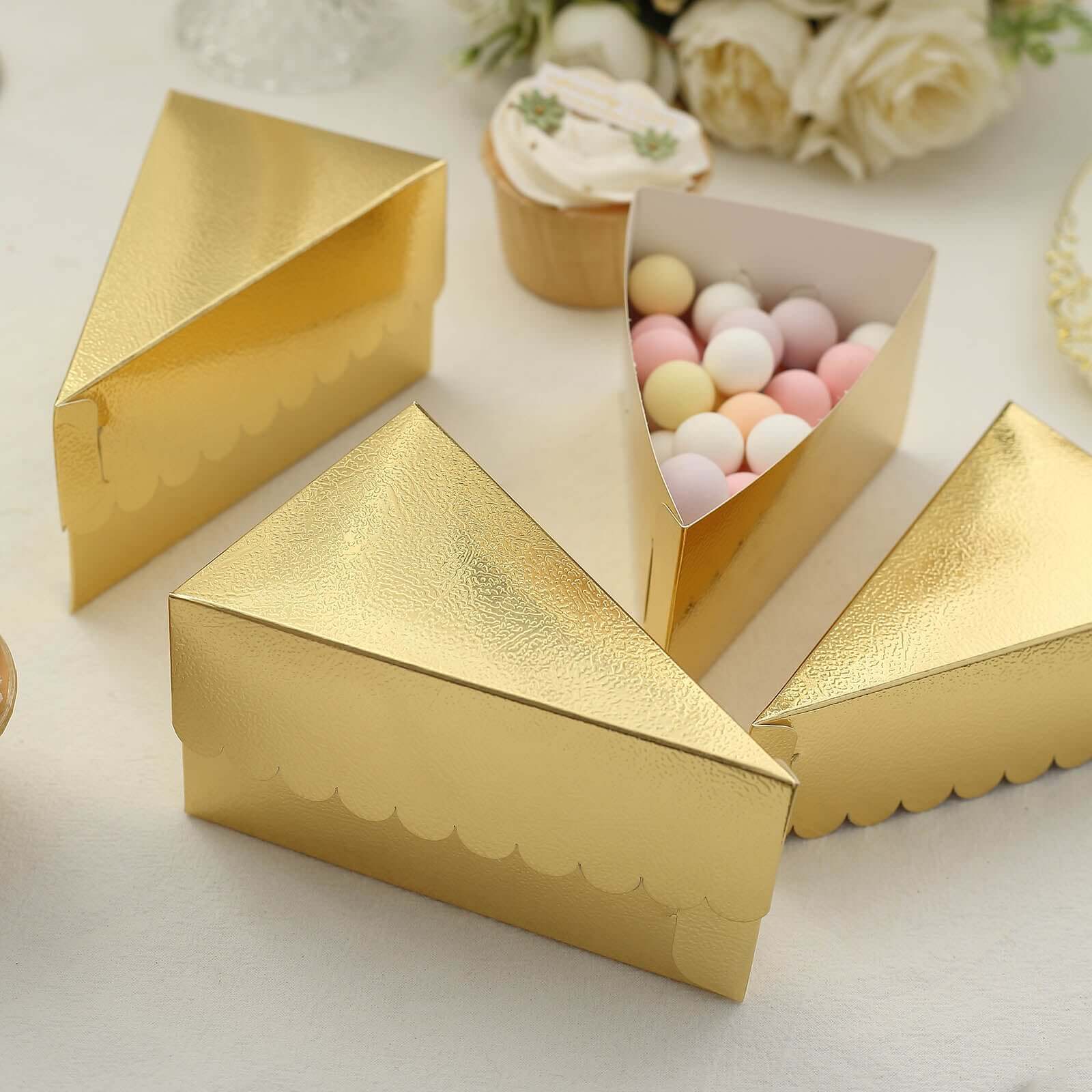 10-Pack Cardstock Triangle Cake Slice Boxes Metallic Gold with Scalloped Top - Decorative Takeaway Dessert Containers for Pie Snacks & Party Favors 5x3