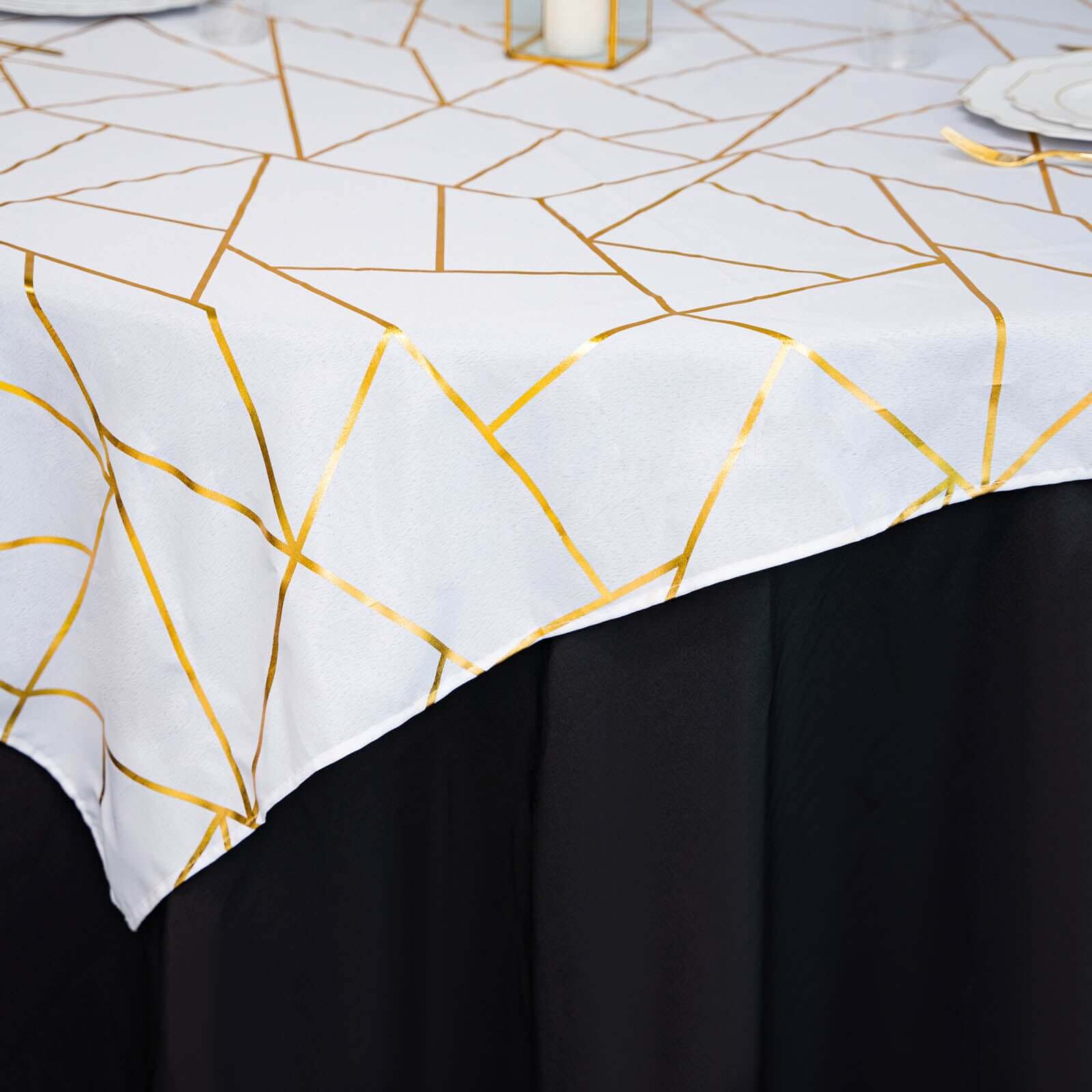 Polyester 54x54 Square Tablecloth White with Gold Foil Geometric Pattern - Wrinkle-Resistant & Durable for Stylish Settings