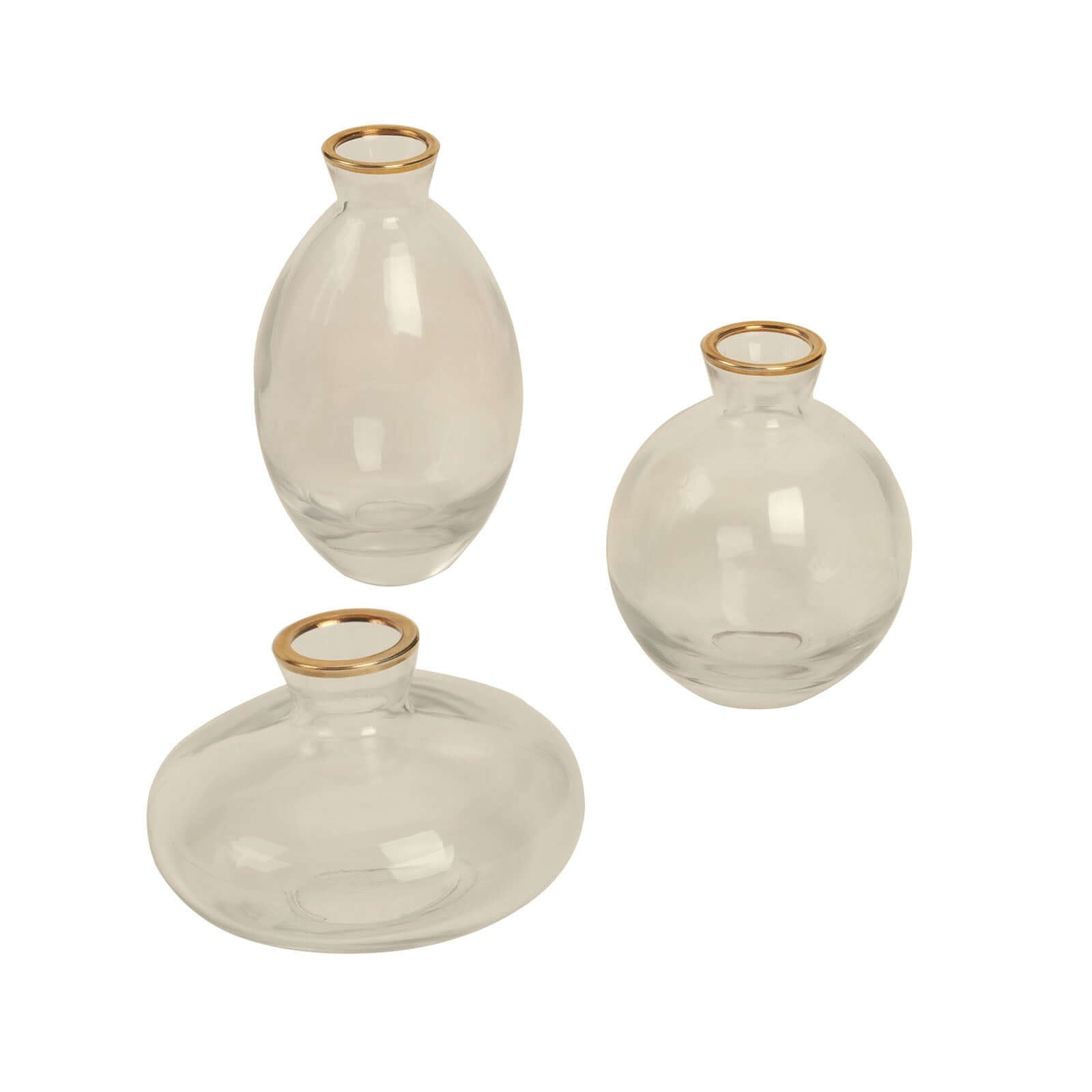 Set of 3 Clear Glass Bud Vases with Metallic Gold Rim - Modern Flower Table Centerpieces Assorted Sizes