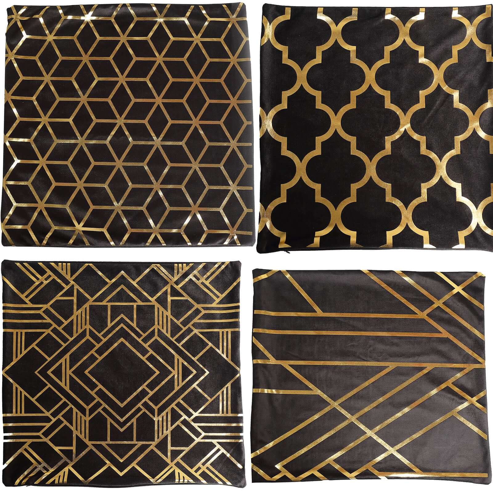 Set Of 4 18 Black Gold Foil Geometric Print Throw Pillow Covers, Velvet Square Sofa Cushion Covers