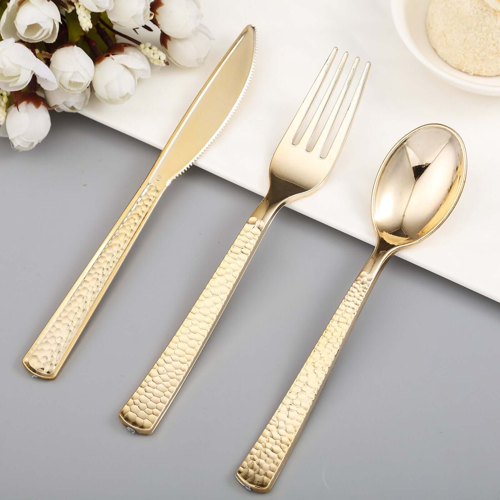 24-Pack Plastic Forks with Hammered Style Gold - Heavy Duty Disposable Silverware 7