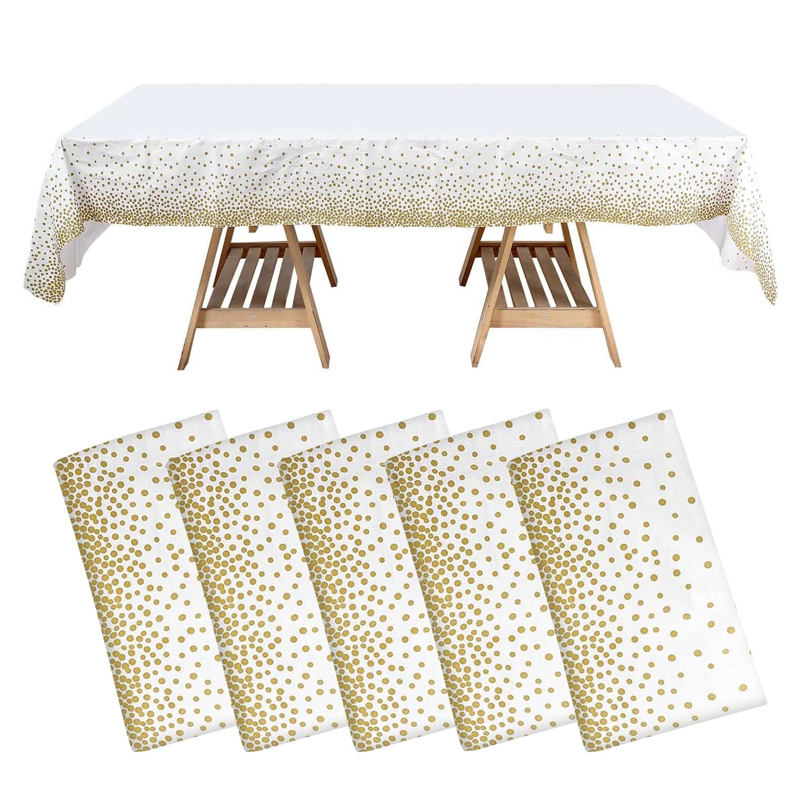 5-Pack Plastic Table Covers White Rectangle with Gold Confetti Dots - Durable PVC Disposable Tablecloths for Events 54x108