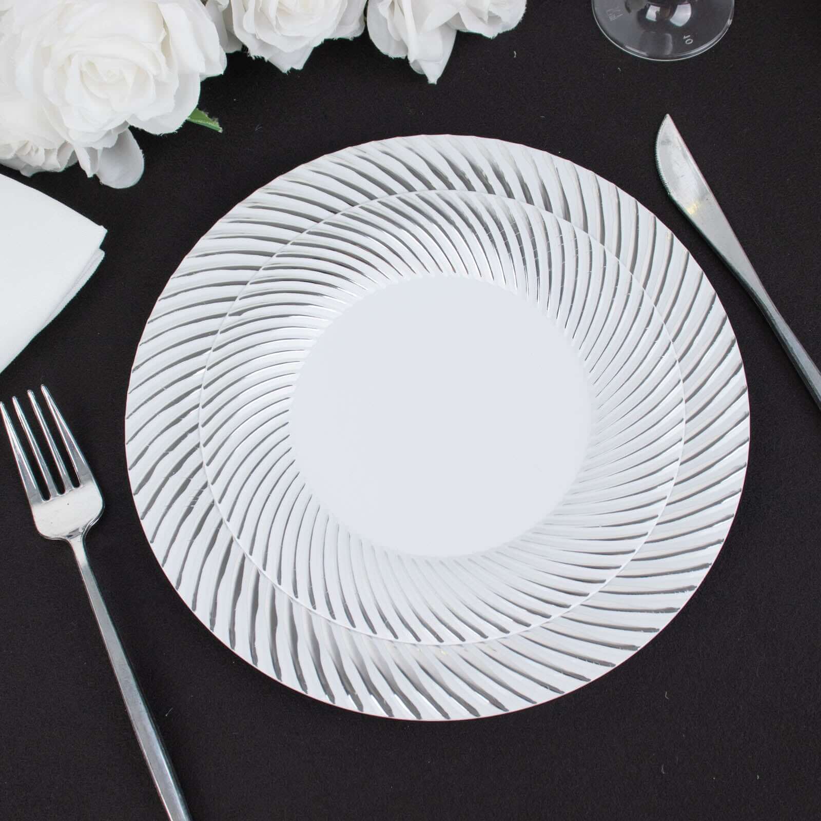 10-Pack Plastic 7 Round Dessert Plates in White with Silver Swirl Rim - Disposable Salad Plates