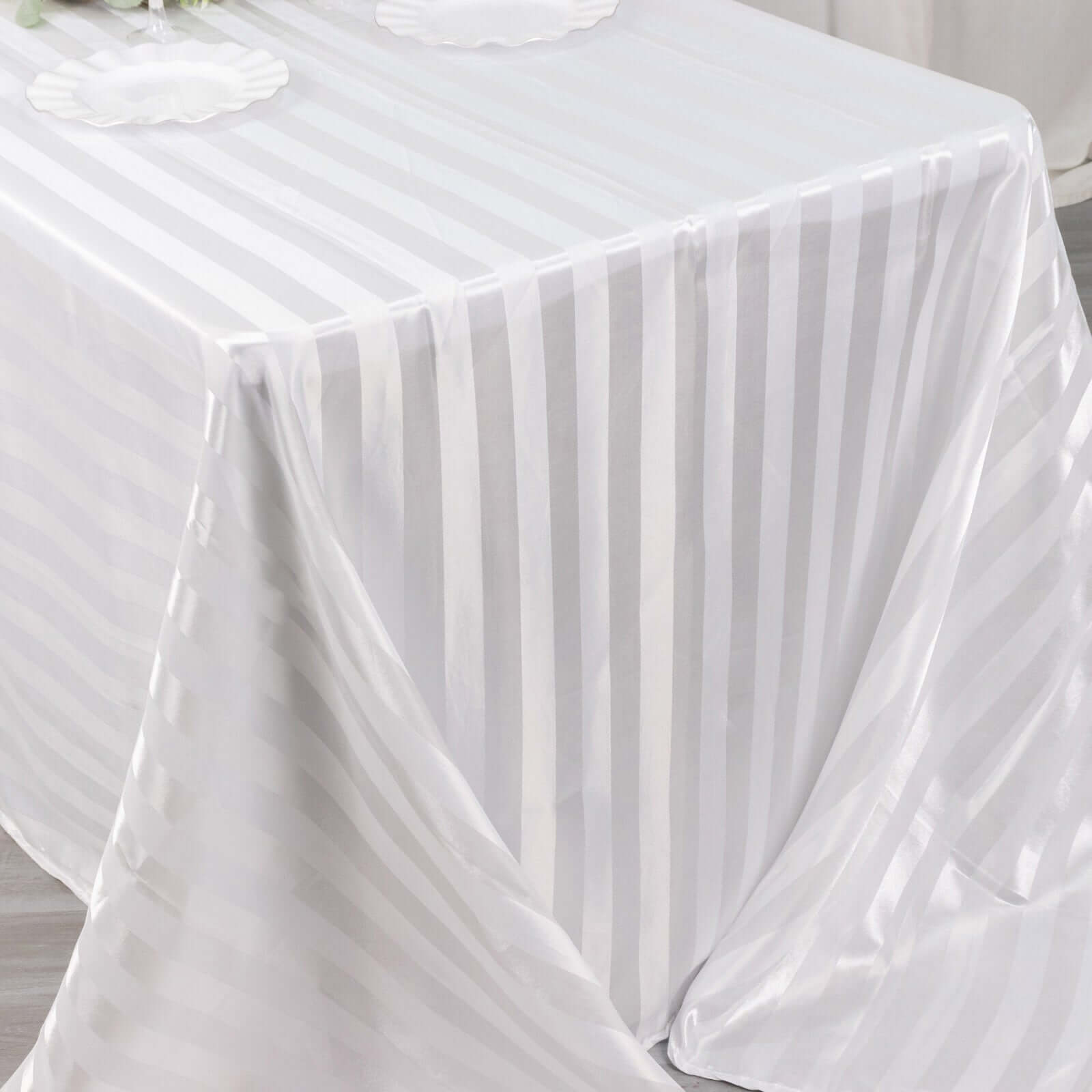 Satin Striped 90x132 Rectangular Tablecloth White Satin Stripe - Seamless Silky Smooth Wedding Decor