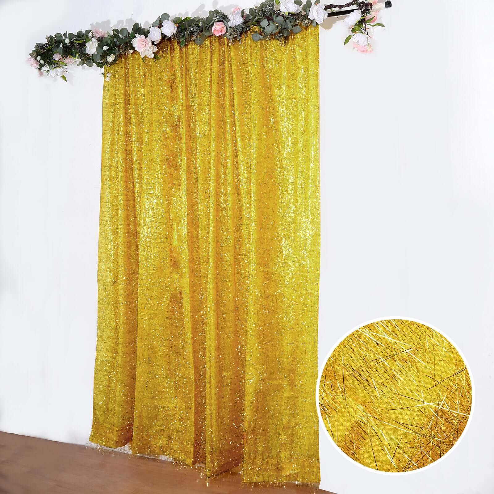 8ft Gold Metallic Fringe Shag Event Drapery Panel, Shimmery Tinsel Polyester Divider Backdrop Curtain