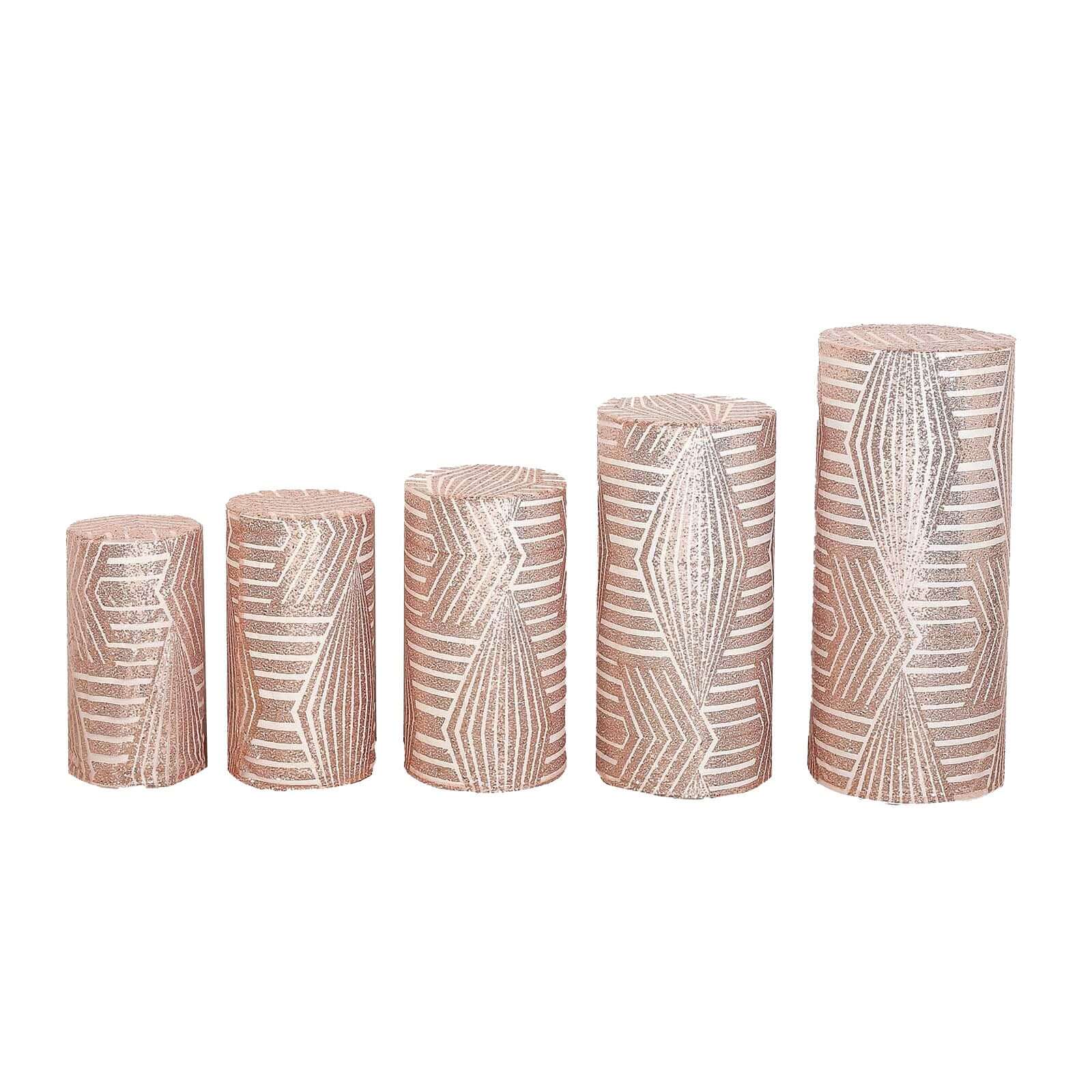 Set of 5 Rose Gold Sequin Mesh Cylinder Pedestal Stand Covers with Geometric Pattern Embroidery, Sparkly Sheer Tulle Pillar Prop Covers