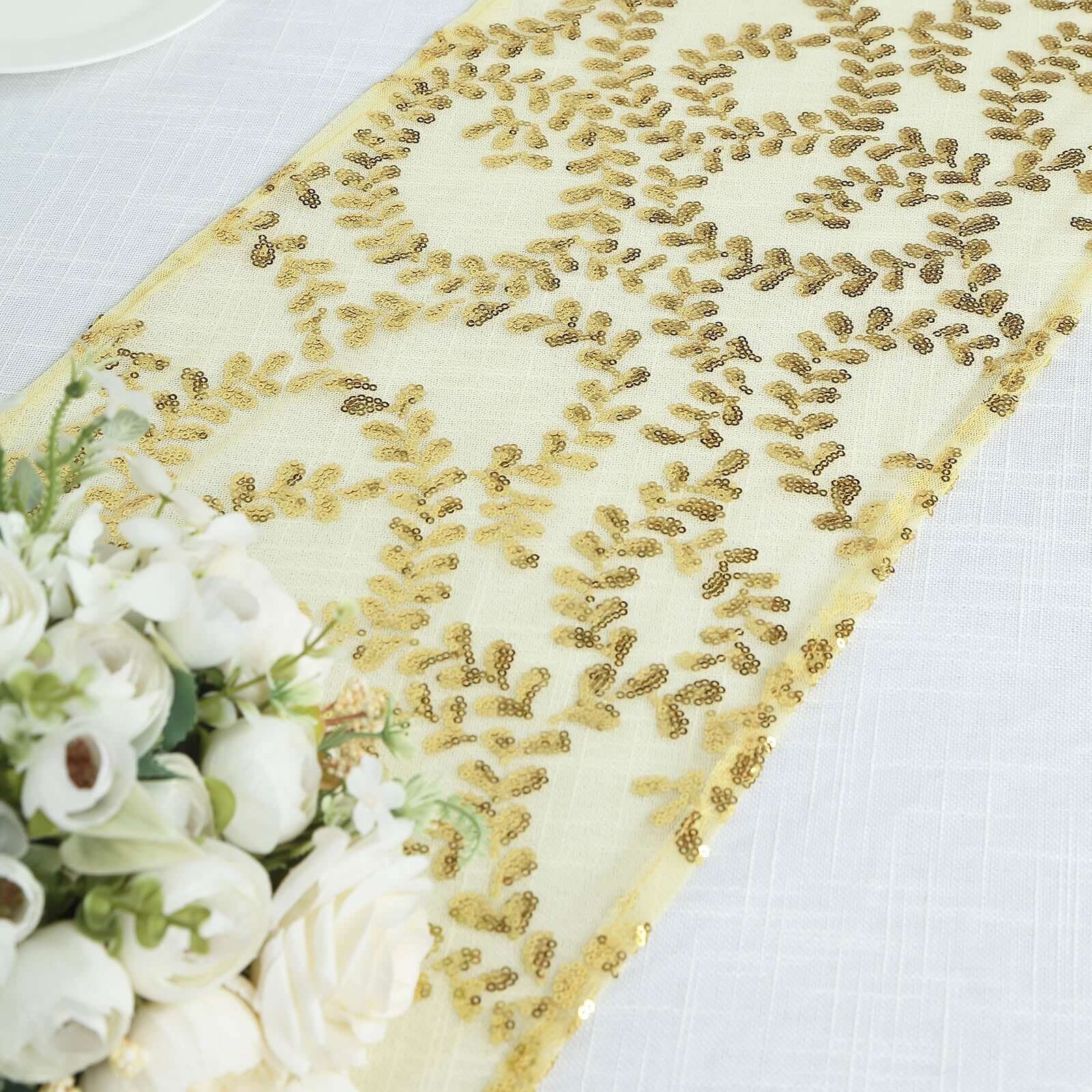 Mesh 12x108 Table Runner Gold - Leaf Vine Sequin Embroidered Design for Sophisticated Occasion