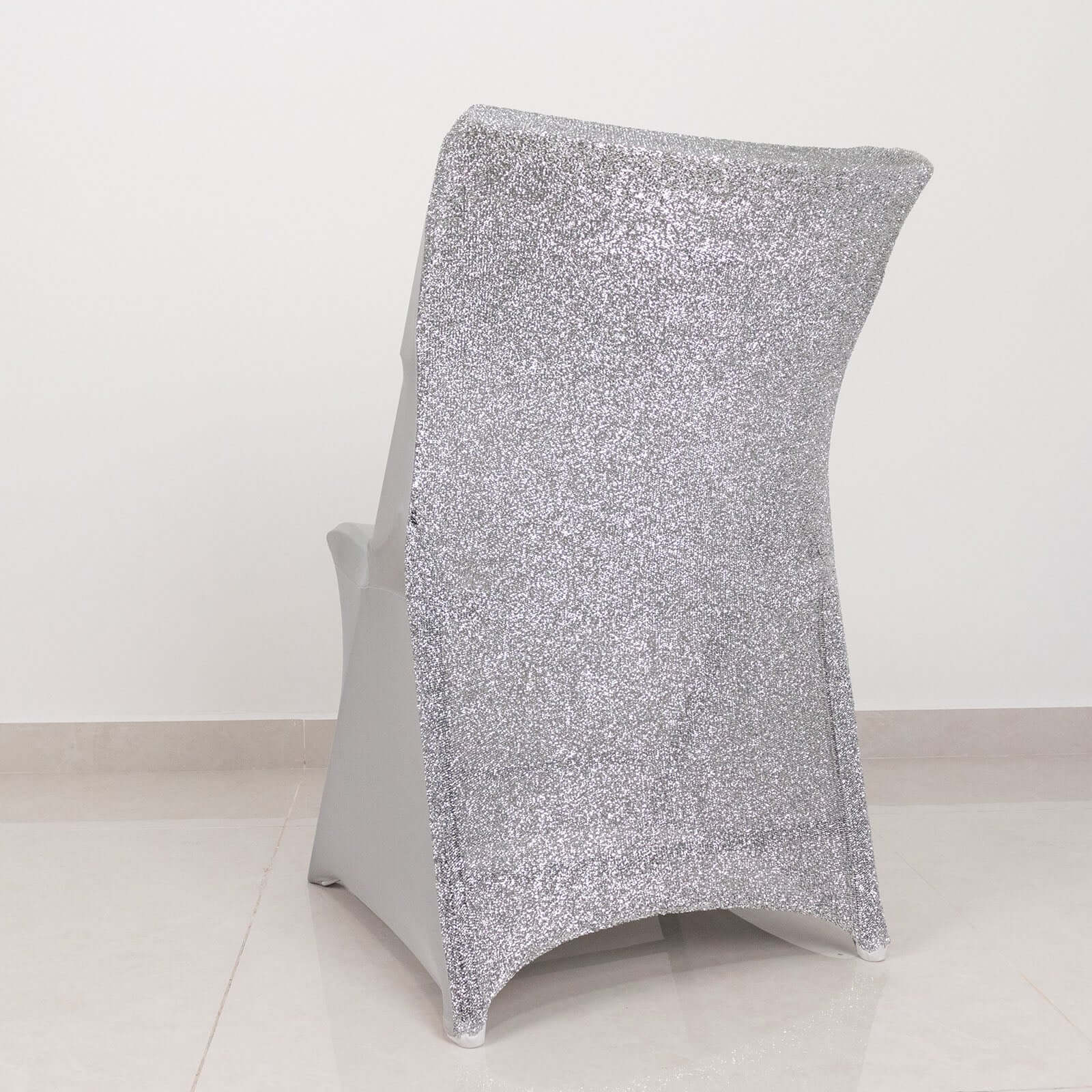 Stretch Spandex Chair Cover Silver for Folding Chairs - Metallic Shimmer Tinsel Back Design Fitted Slipcover