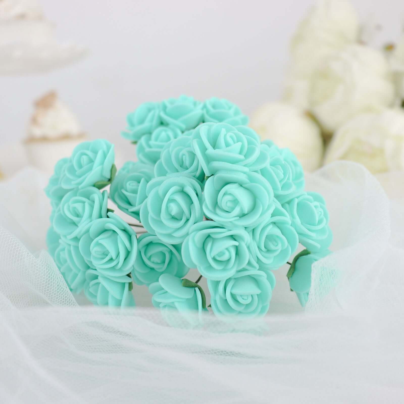 48 Roses 1 Turquoise Real Touch Artificial DIY Foam Rose Flowers With Stem, Craft Rose Buds