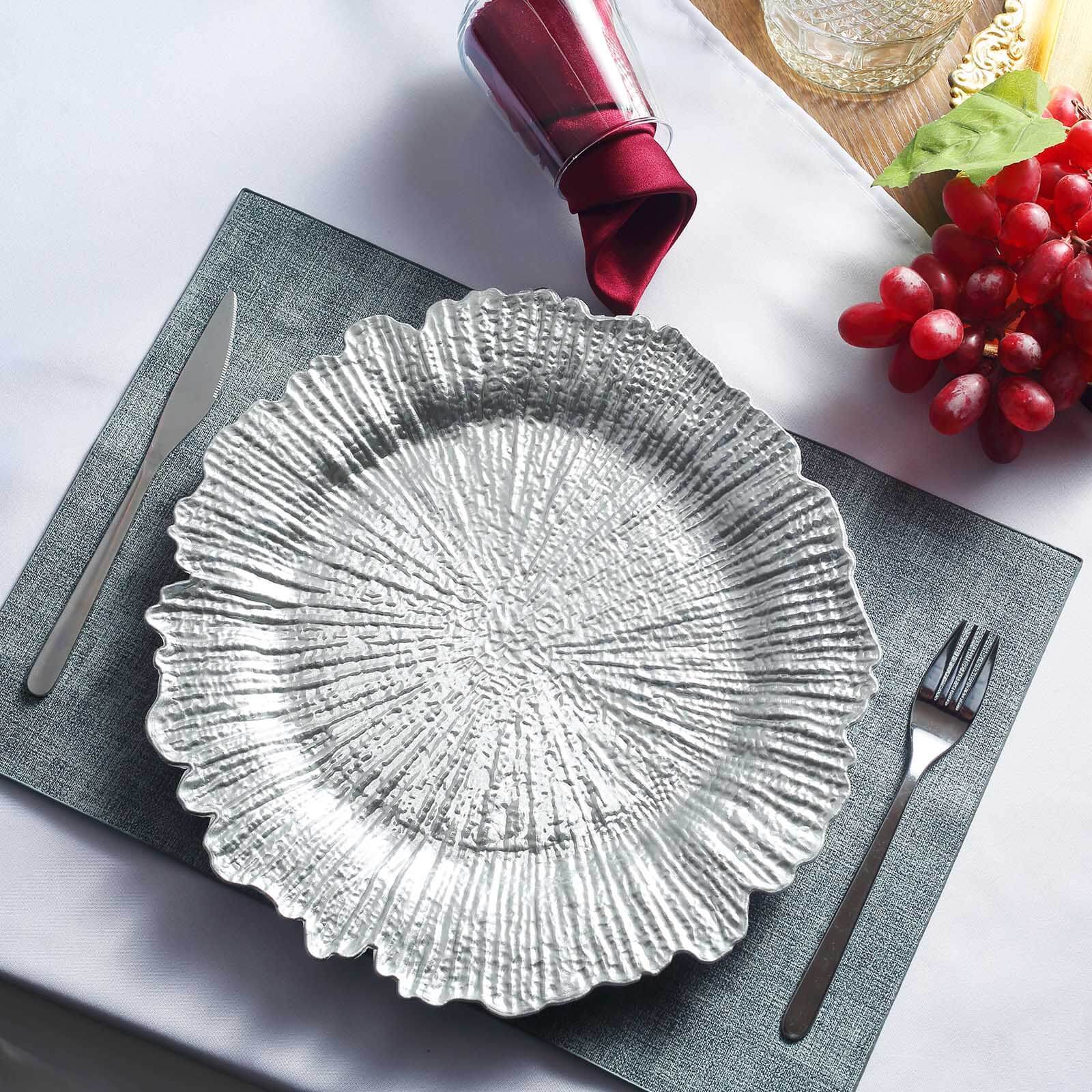 6-Pack Acrylic Plastic Round Charger Plates 13 in Silver with Reef Design, Dinner Charger Tableware