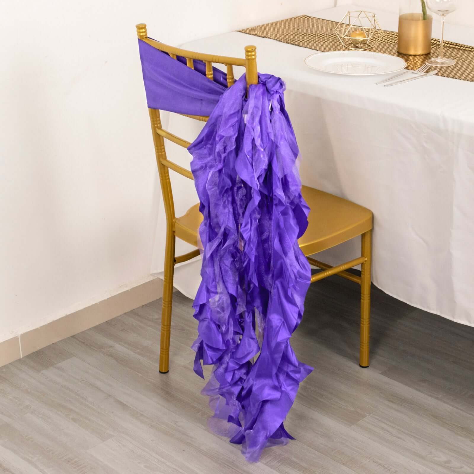 5 Pack Chiffon Satin Chair Sashes Purple - Easy to Install Ruffled Curly Willow