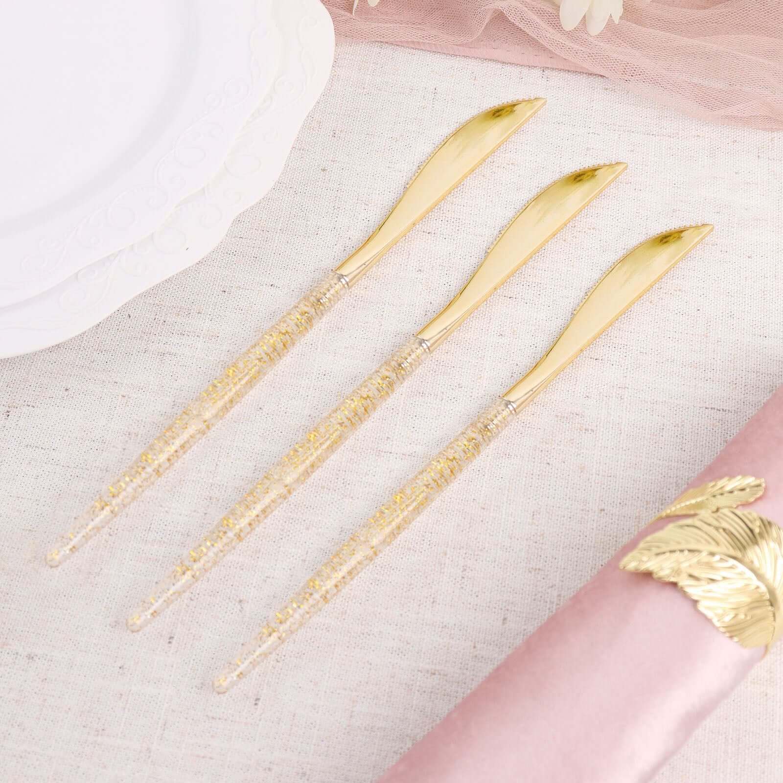 24-Pack Plastic Knives with Gold Glitter - Disposable Silverware Cutlery for Events