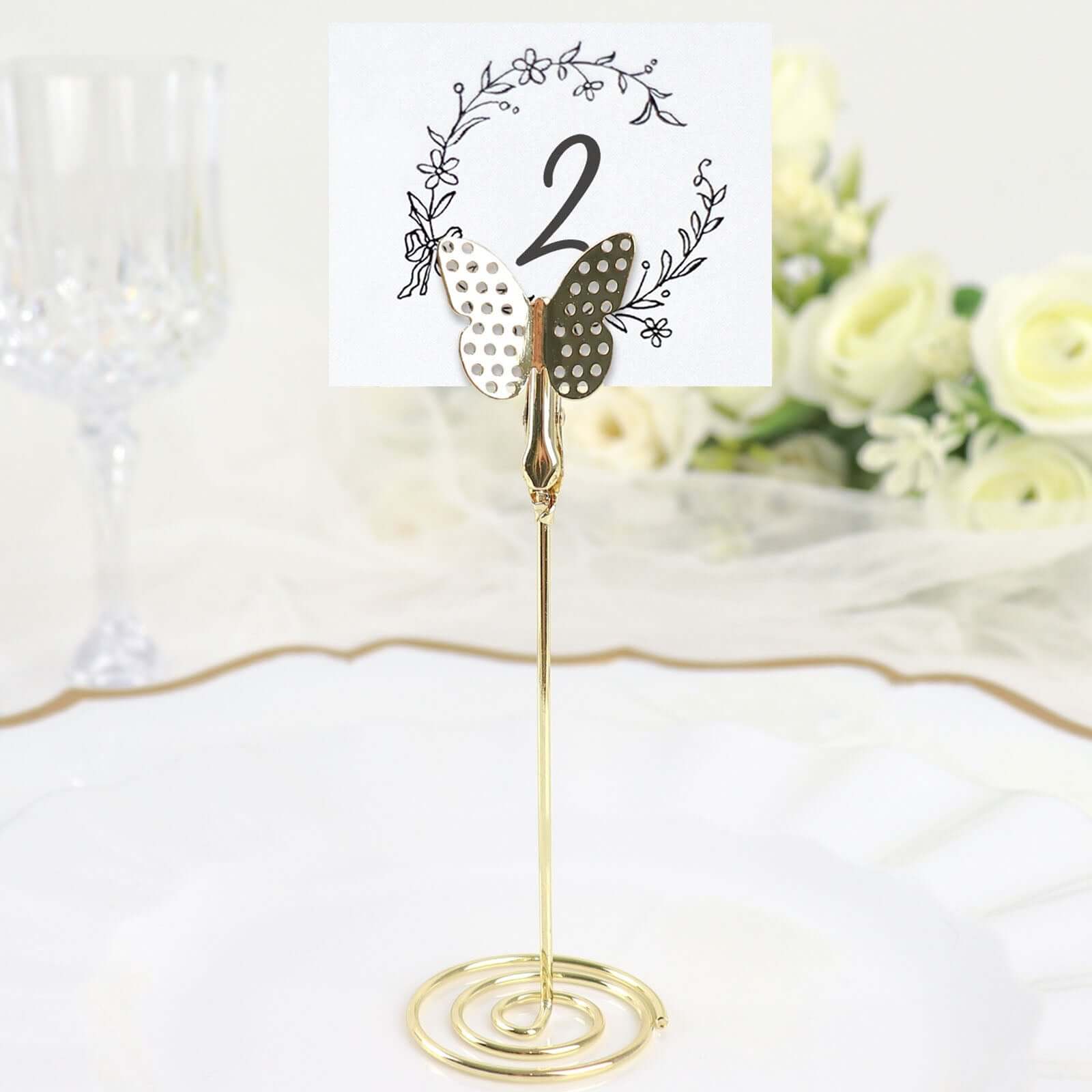 5-Pack Metal Place Card Holders Gold - Modern Table Number Stands with Whimsical Butterfly Clips & Spiral Base for Signs Memos Photos Menus 5