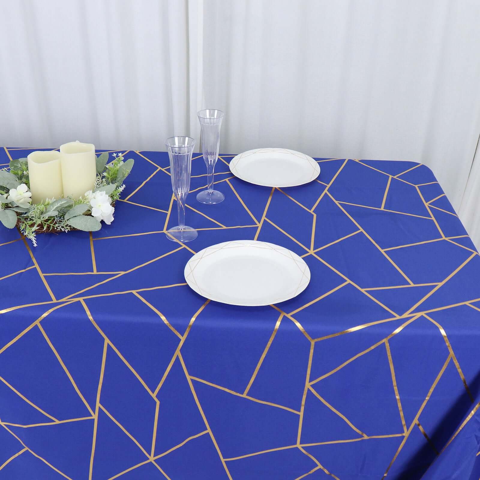 Polyester 90x132 Rectangle Tablecloth Royal Blue with Gold Foil Geometric Pattern - Wrinkle-Resistant Seamless Table Cover