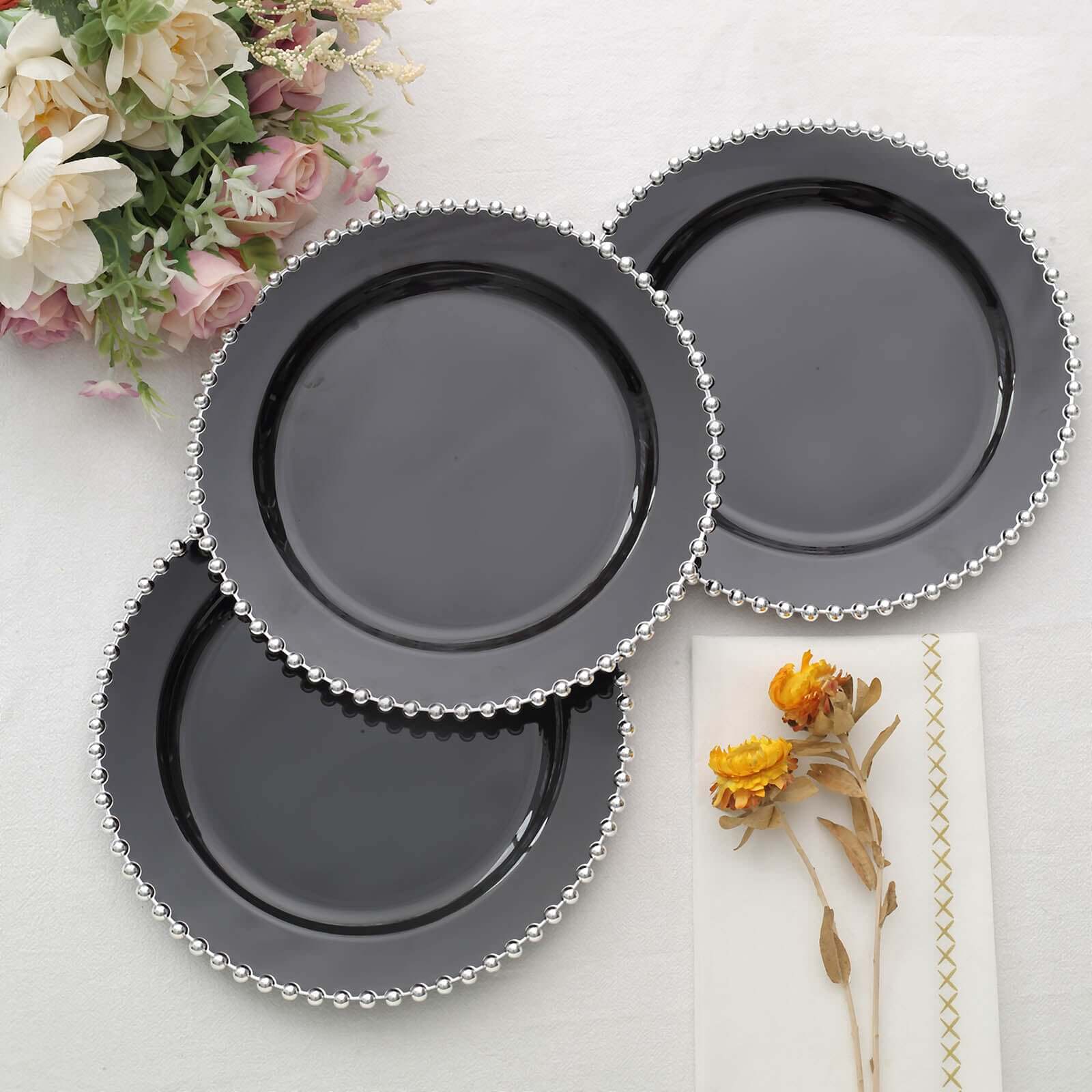 10-Pack Plastic 8 Round Appetizer Dessert Plates in Black with Silver Beaded Rim - Disposable Salad Plates