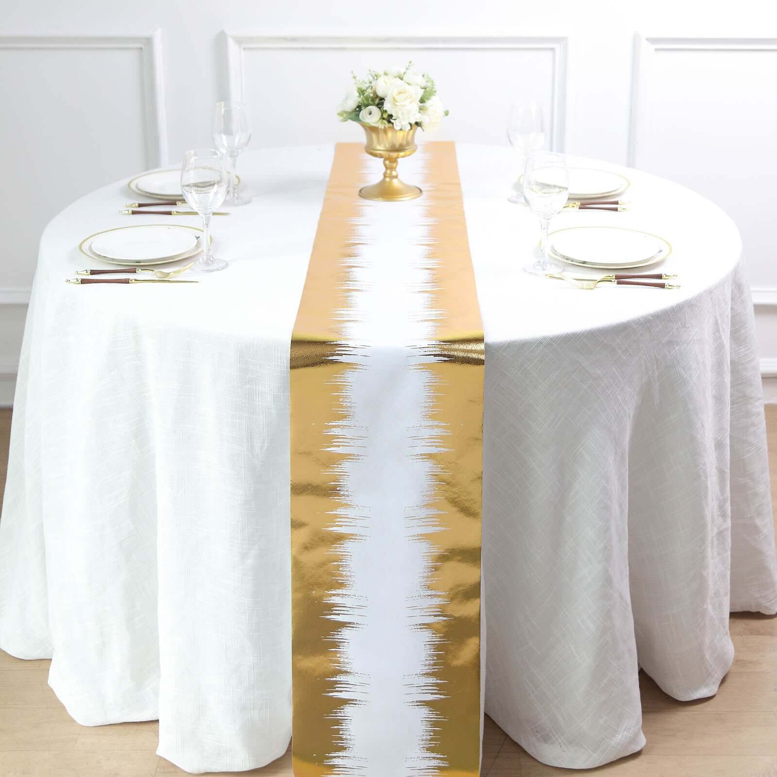 Disposable Table Runner Roll 108 Metallic Gold Foil Icicle Pattern - Stylish Non-Woven Table Decor for Special Occasions