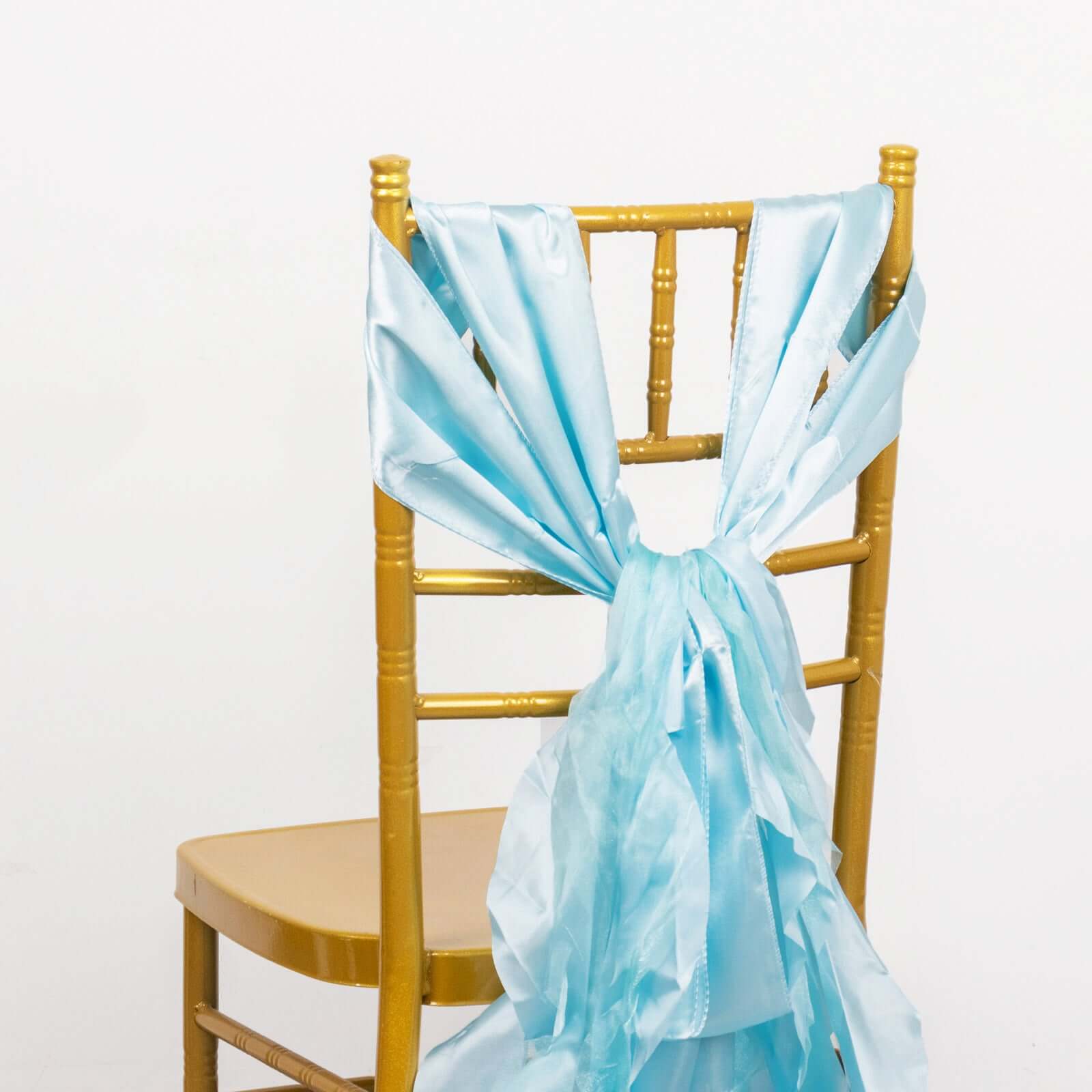 5 Pack Chiffon Satin Chair Sashes Light Blue - Easy to Install Ruffled Curly Willow