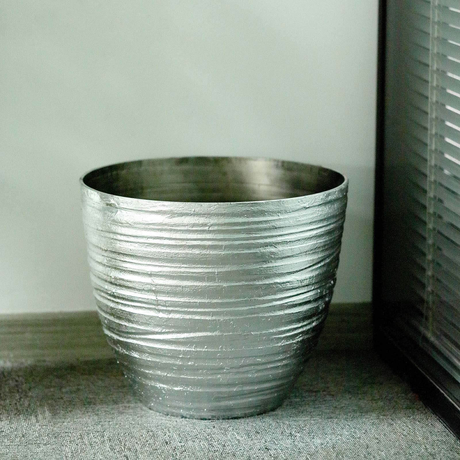 12 Metallic Silver Textured Finish Large Indoor Flower Plant Pot, Decorative Indoor Outdoor Planter