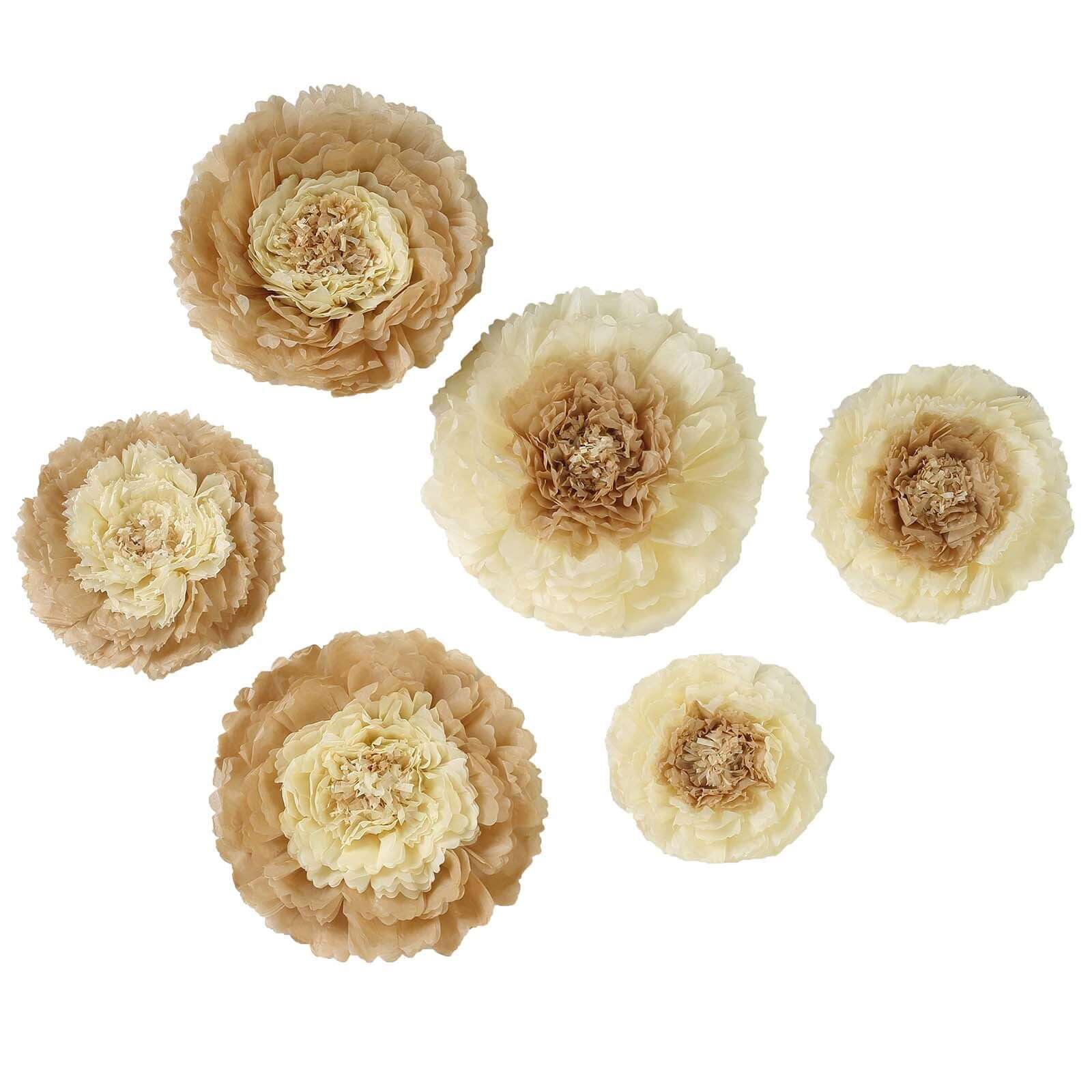 Set of 6 Taupe Natural Giant Carnation 3D Paper Flowers Wall Decor - 12,16,20