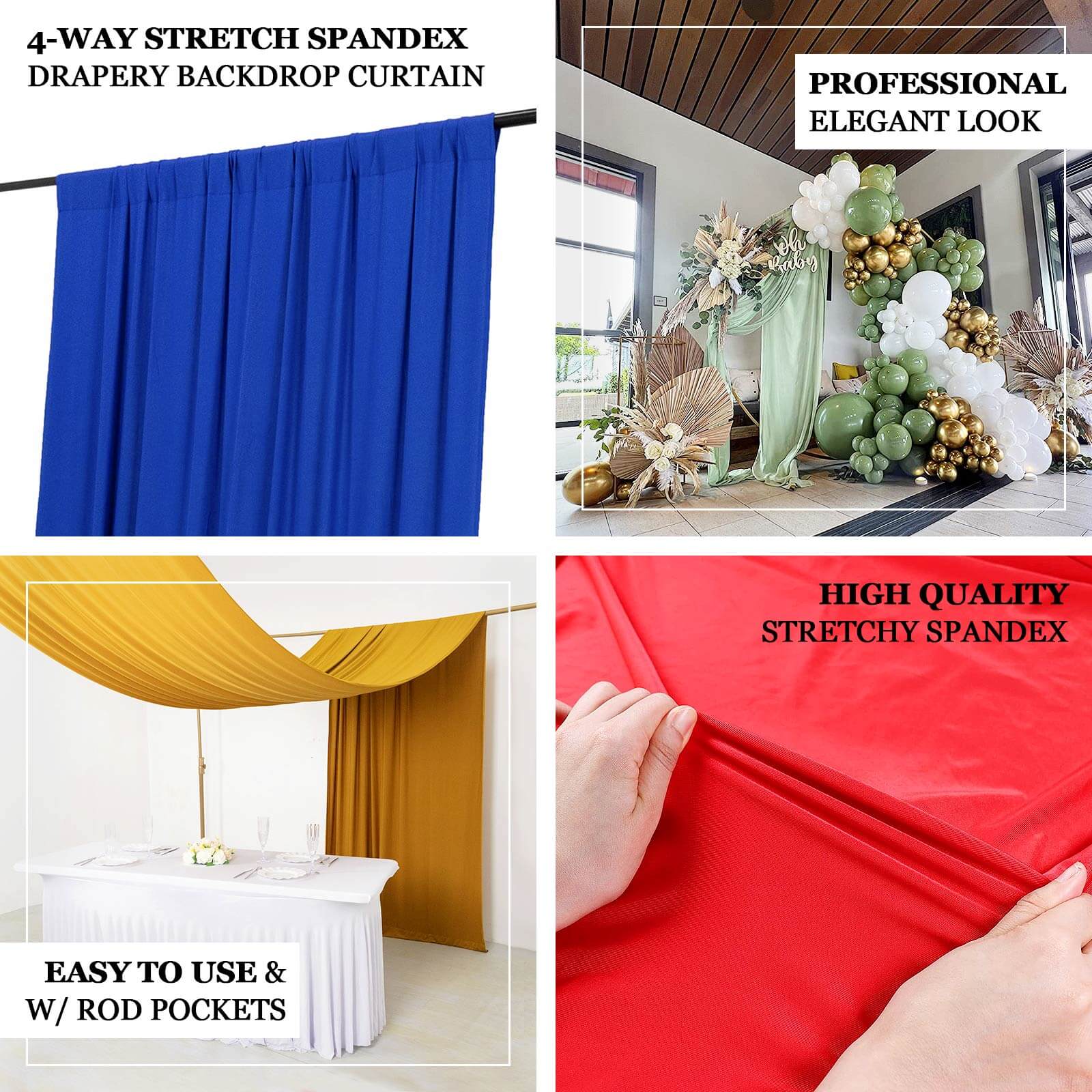 Black 4-Way Stretch Spandex Event Curtain Drapes, Wrinkle Free Backdrop Event Panel with Rod Pockets - 5ftx14ft