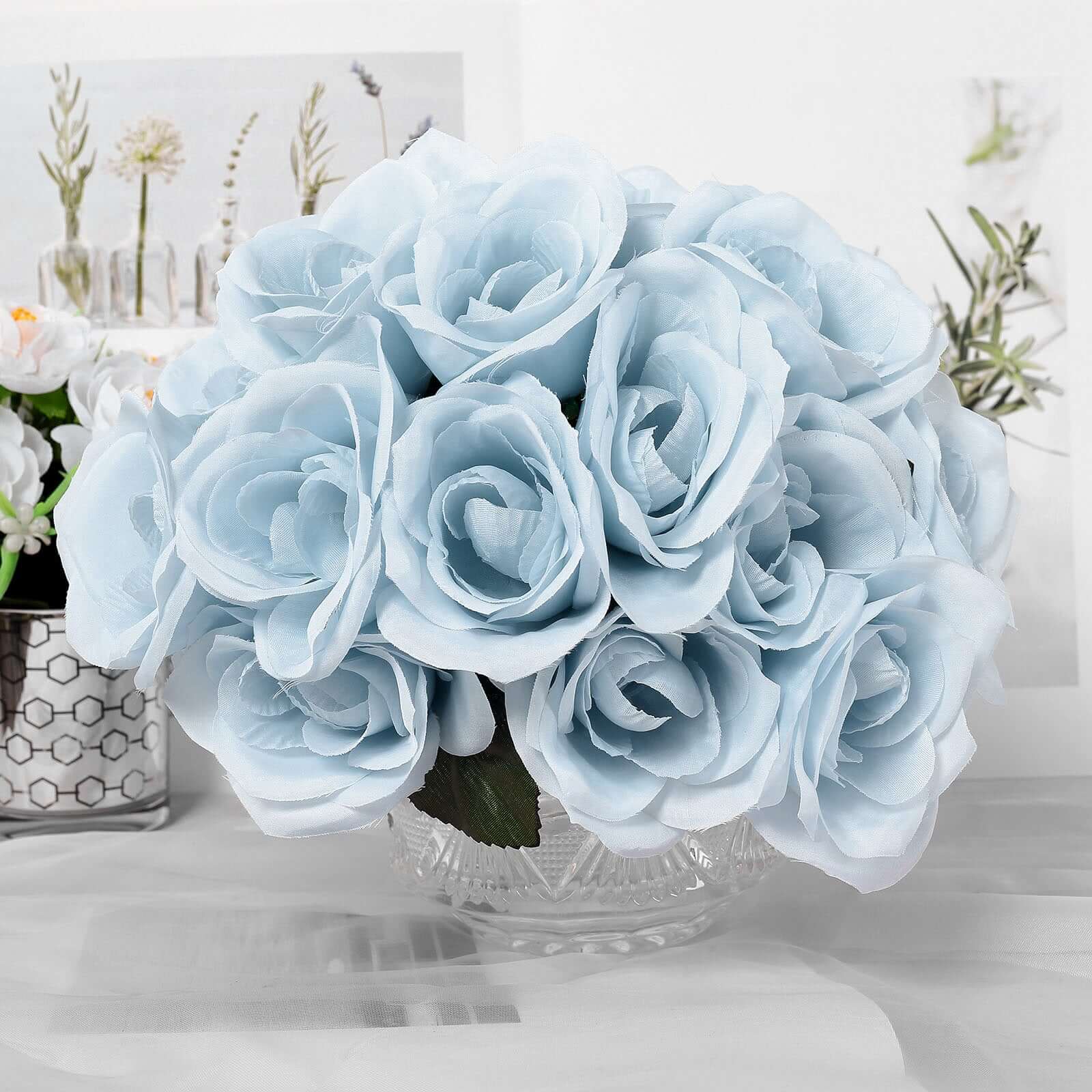 12 Ice Blue Artificial Velvet-Like Fabric Rose Flower Bouquet Bush