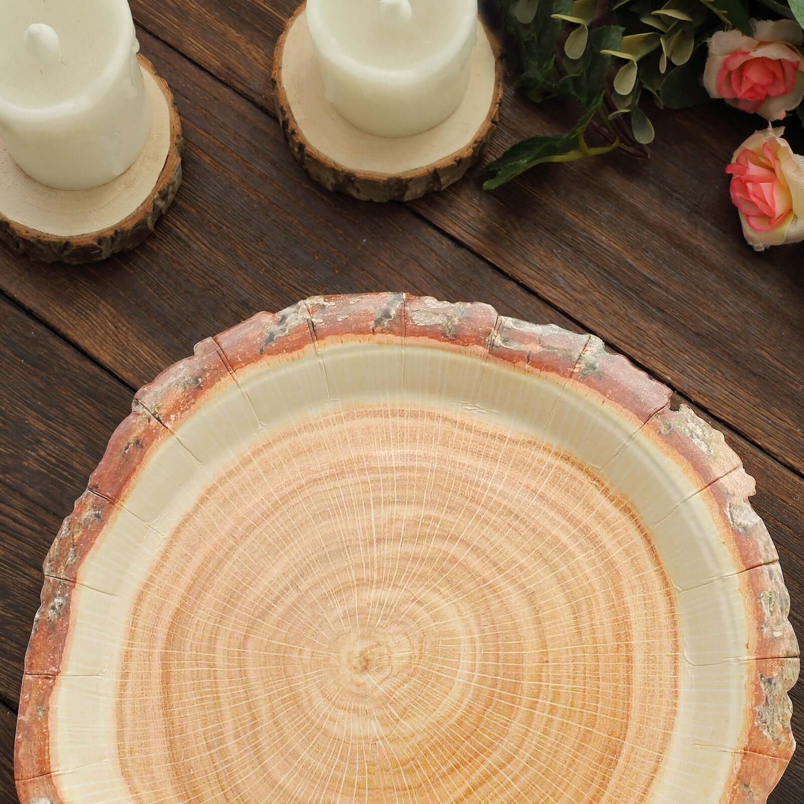 25-Pack Paper 10 Round Dinner Plates in Natural Wood Slice Print - Rustic & Nature-Inspired Disposable Party Plates